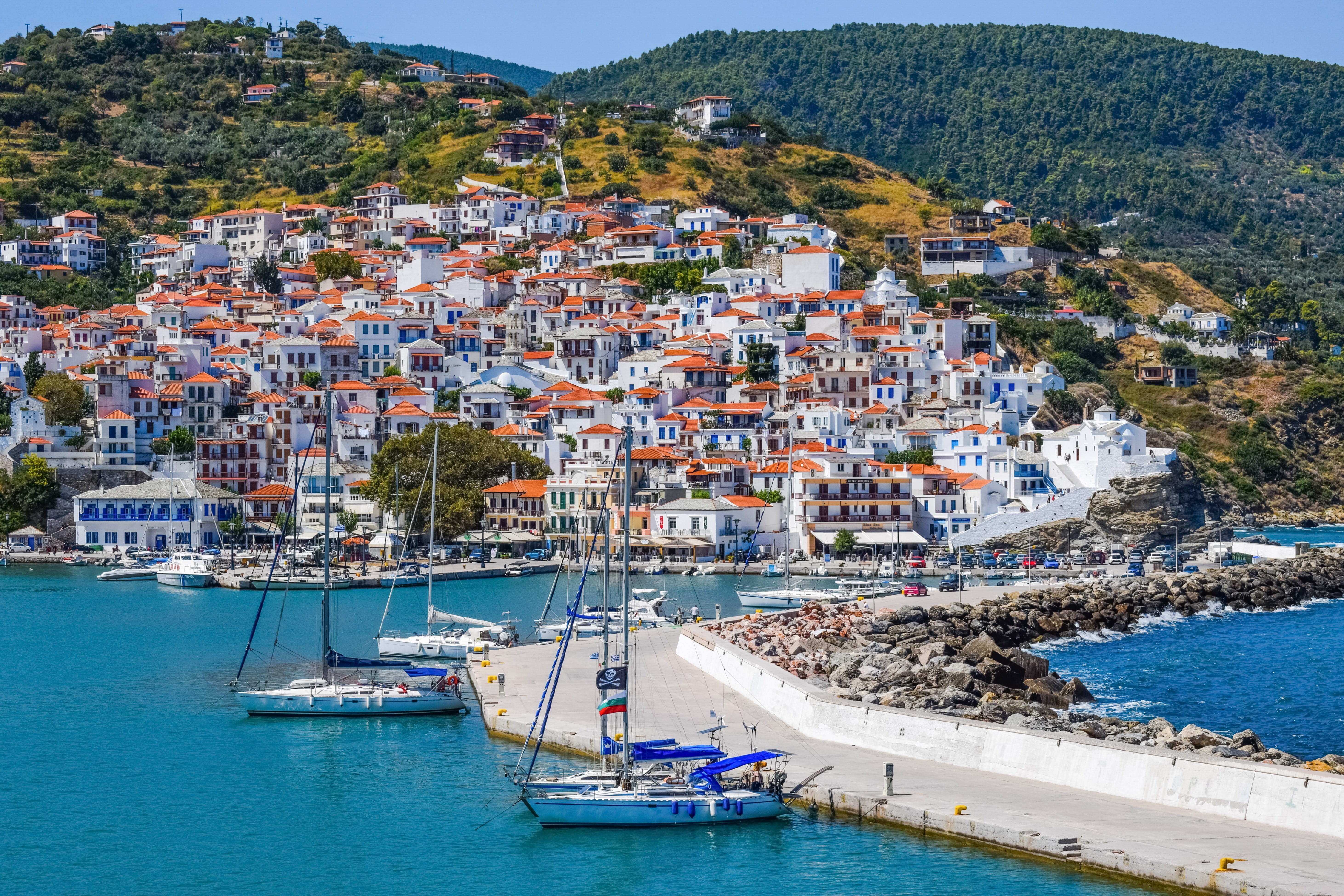 greek, sailboat, sporades, built structure, mode of transportation, architecture, cityscape, yacht, nature, building exterior, skopelos, building, land, HD Wallpaper