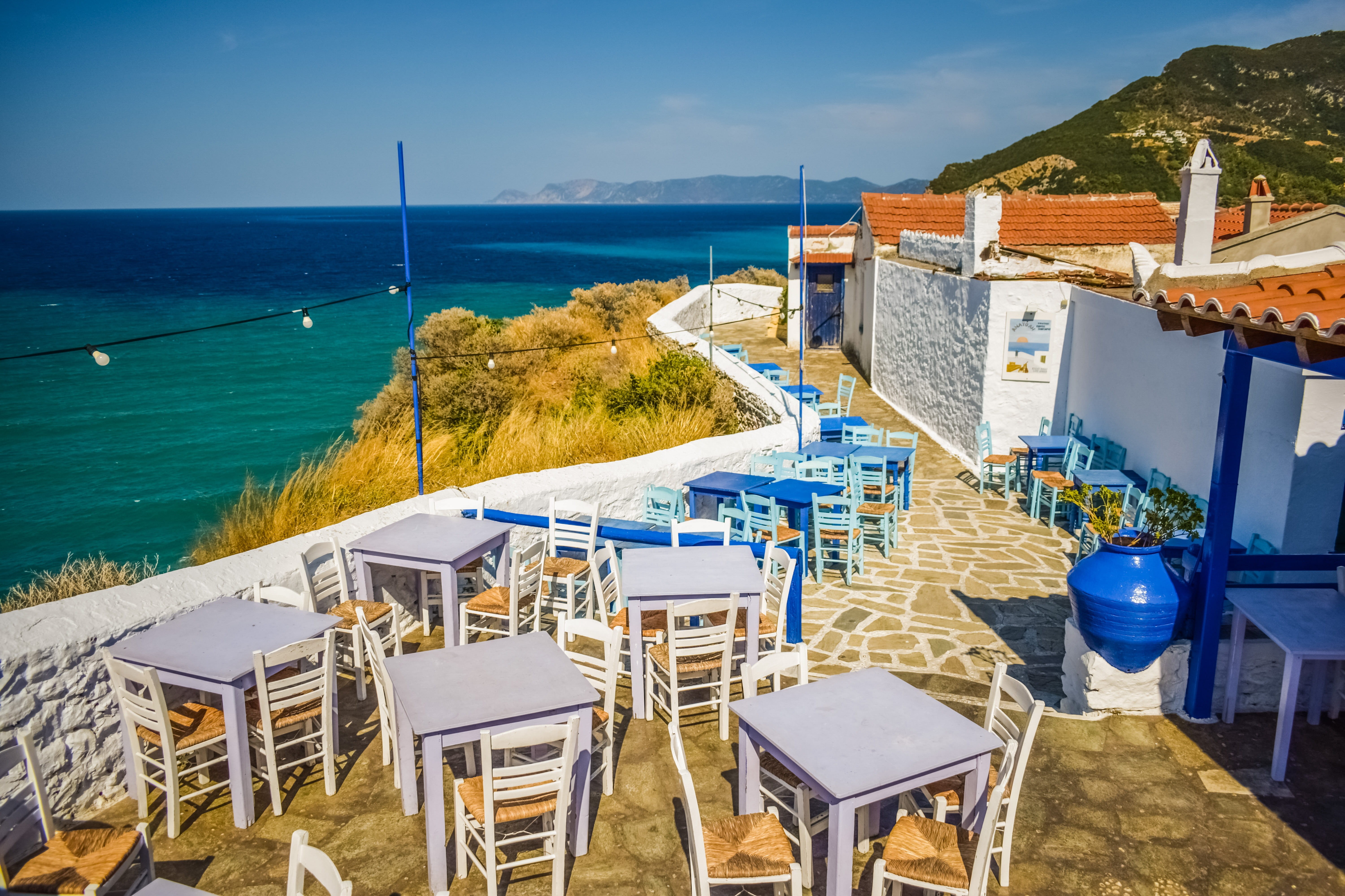 horizon over water, greece, scenics - nature, chair, traditional, luxury, 5K, beach, swimming pool, day, greek, high angle view, island, mediterranean, HD Wallpaper