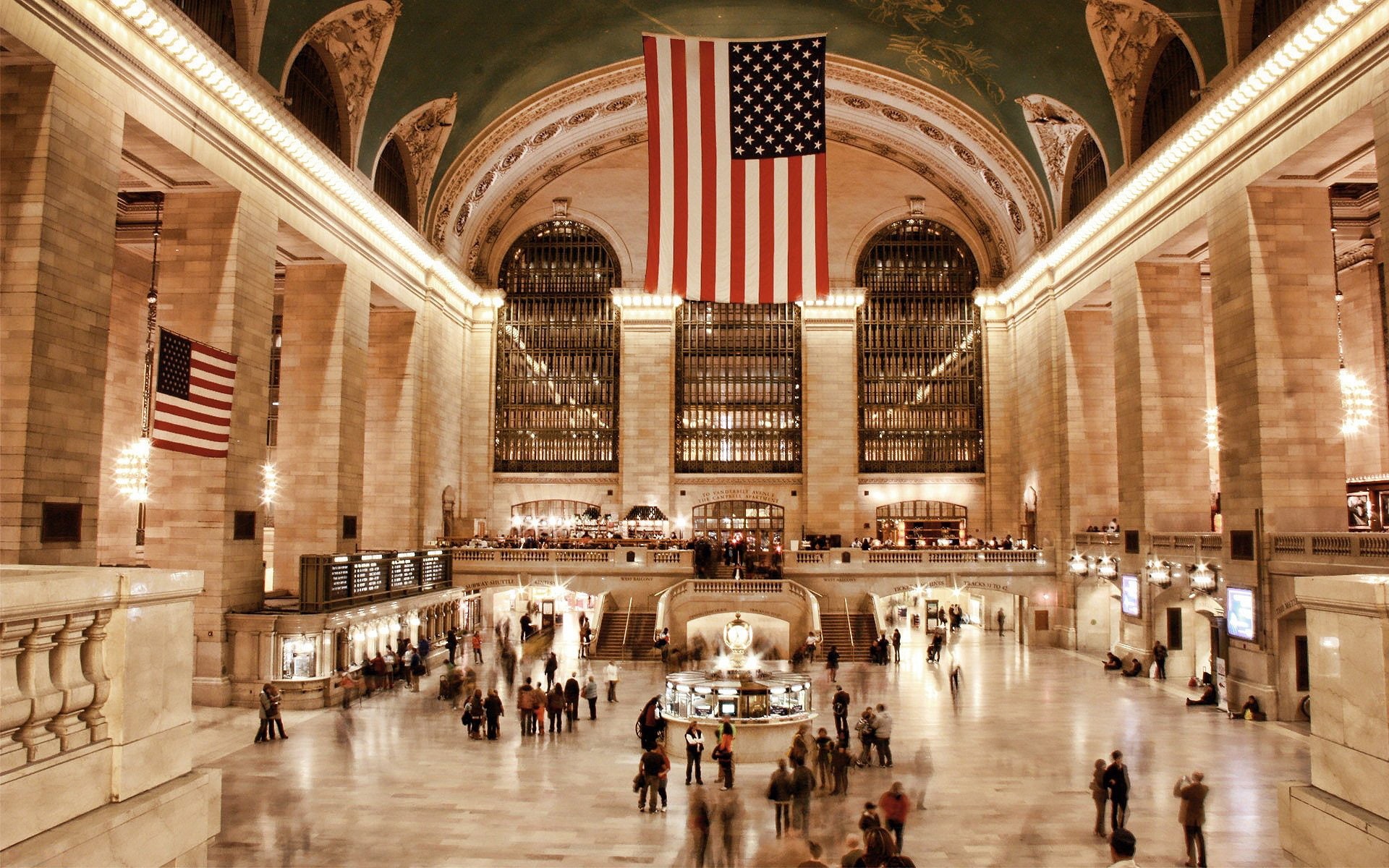 large group of people, city, People, USA, Station, architectural column, illuminated, Flags, terminal, 1080P, central, architecture, arch, tourism, grand, HD Wallpaper