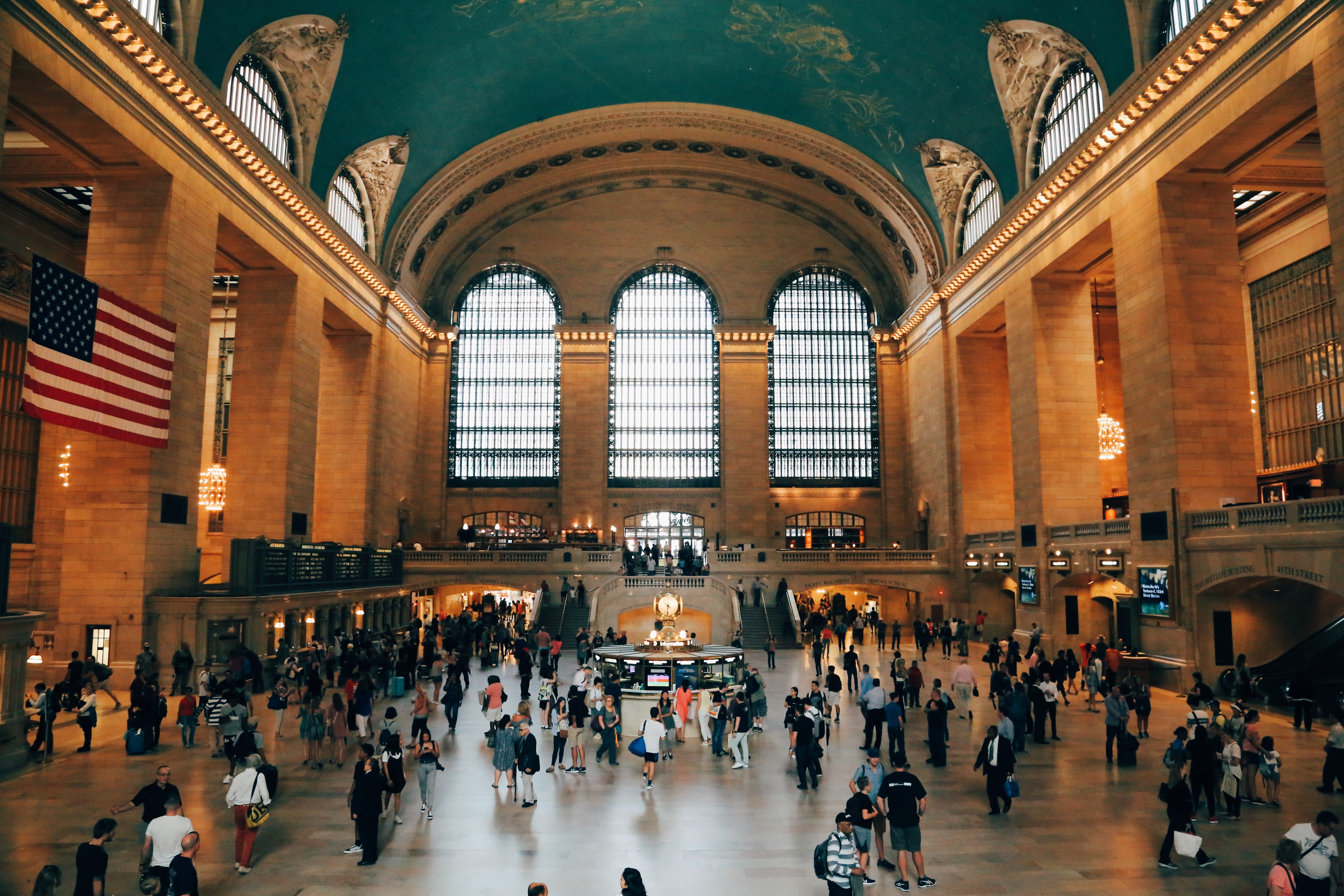 ceiling, train, nyc, built structure, transportation, new york, architectural column, 5K, station, united states, tourism, the past, group of people, women, HD Wallpaper