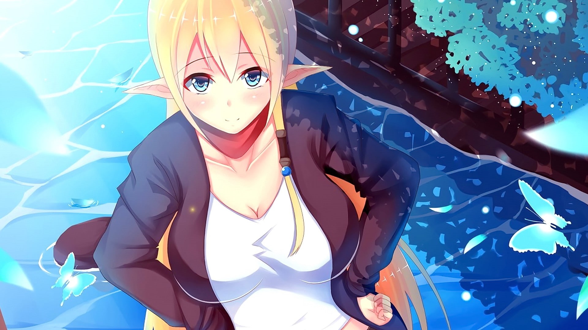 pointed ears, blue eyes, 1080P, butterfly, elves, blonde, long hair, anime, anime girls, smiling, Tuka Luna Marceau, Gate: Jieitai Kanochi nite Kaku Tatakaeri, HD Wallpaper