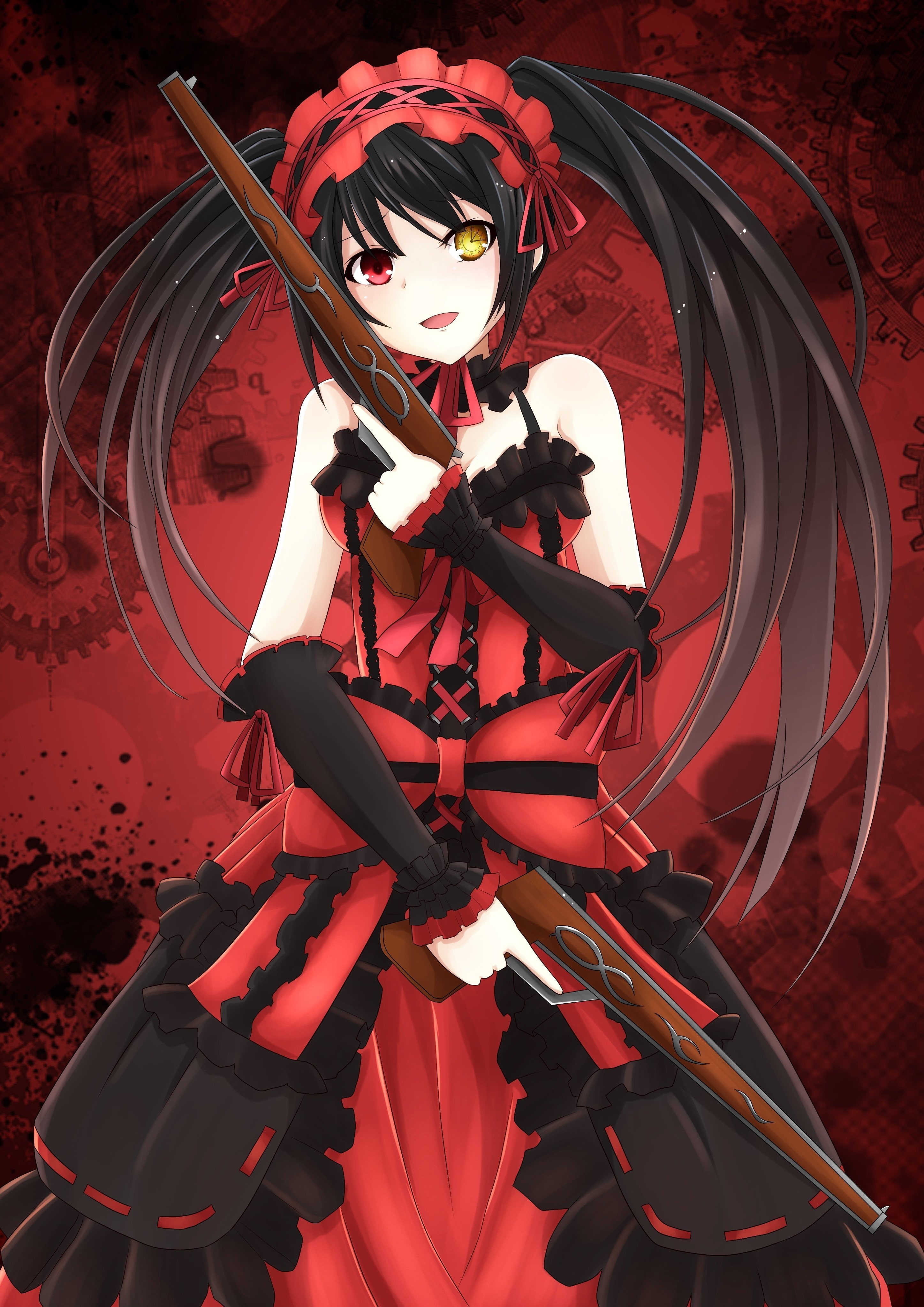 live, anime, heterochromia, kurumi, dress, tokisaki, weapons, girls, fashion, date, lolita, guns, 4K, gothic, Phone HD Wallpaper