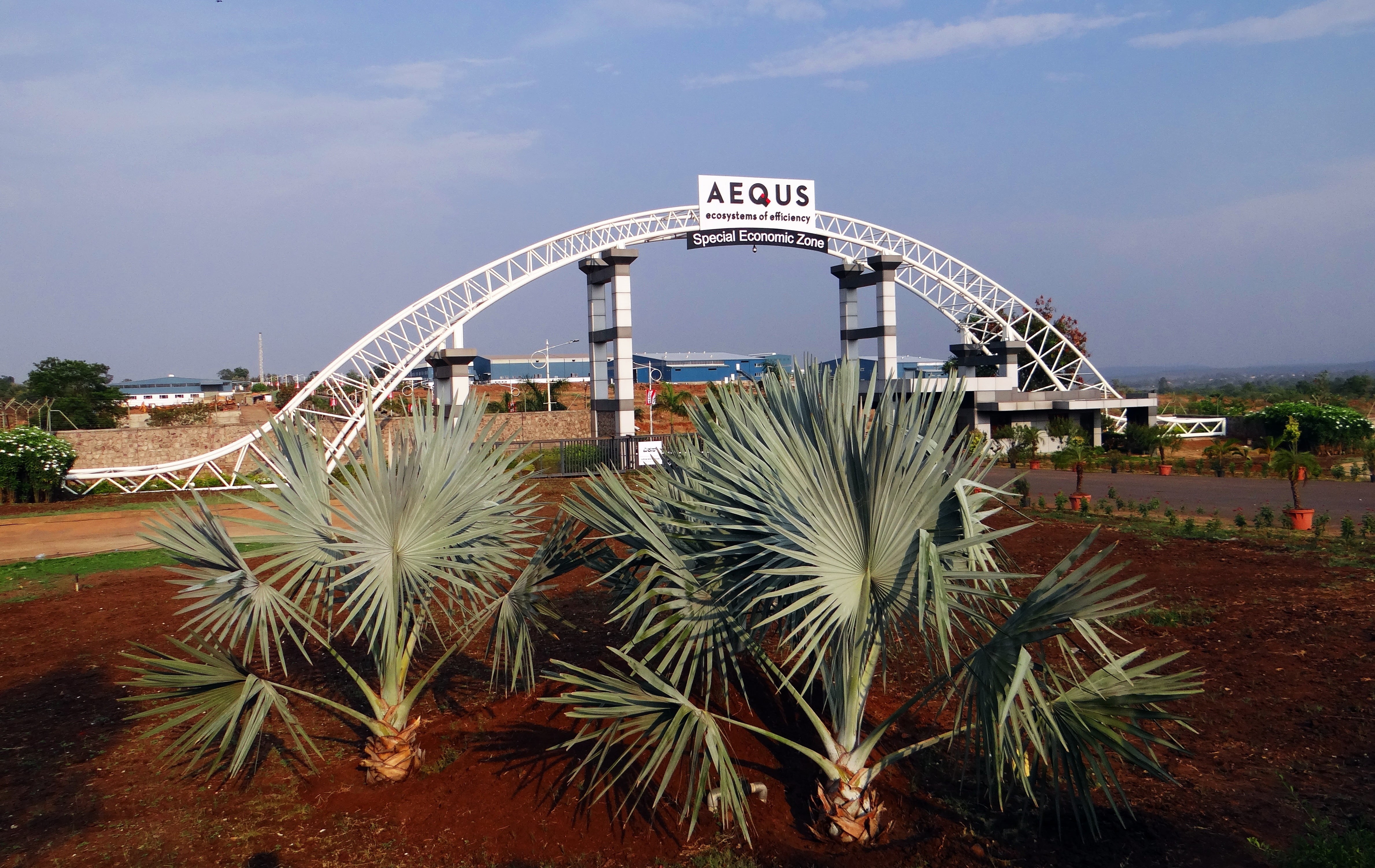 gate, tourism, travel, india, nature, built structure, arch, architecture, bismarck palm, bismarckia nobilis, special economic zone, sky, arts culture and entertainment, HD Wallpaper