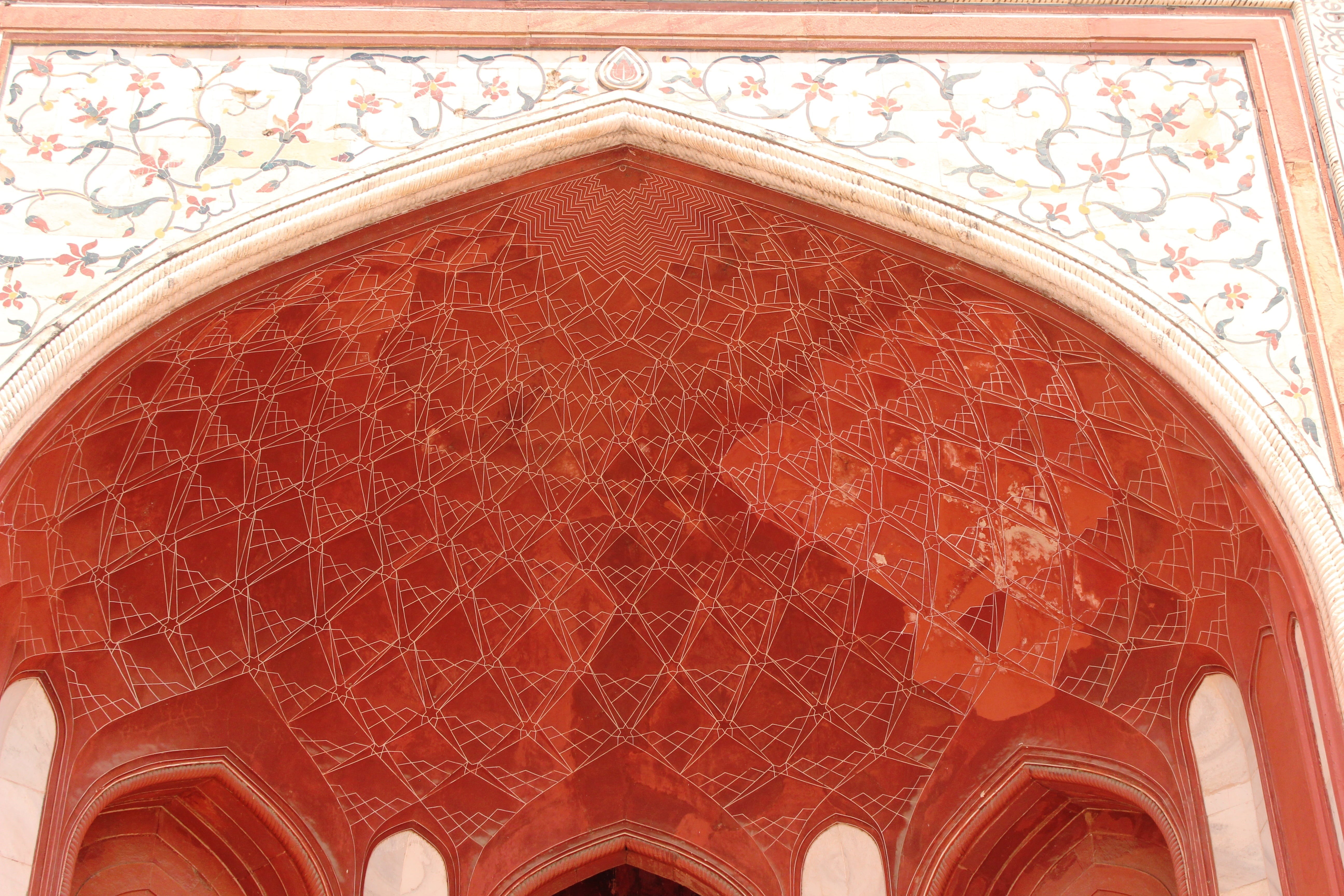 red, ceiling, no people, gate, heritage, religion, 5K, the past, travel, place, low angle view, pattern, architecture, built structure, delhi, history, HD Wallpaper
