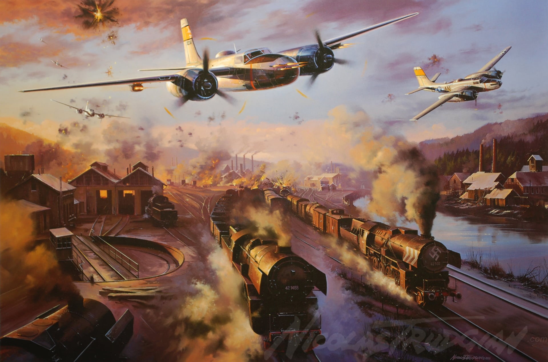cloud - sky, A-26 Invader, nature, A-26, 1080P, Bomber, Attack, painting, motion, aircraft art, air vehicle, city, airplane, WW2, flying, building exterior, HD Wallpaper