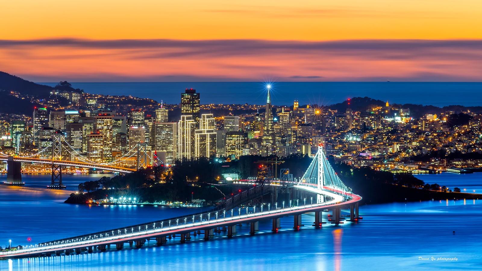 sunset, black suspension bridge, transamerica, City, San  Francisco, gray, Colors, bridge, beacon  light, suspension, SFist, 720P, Night, lit, francisco, HD Wallpaper