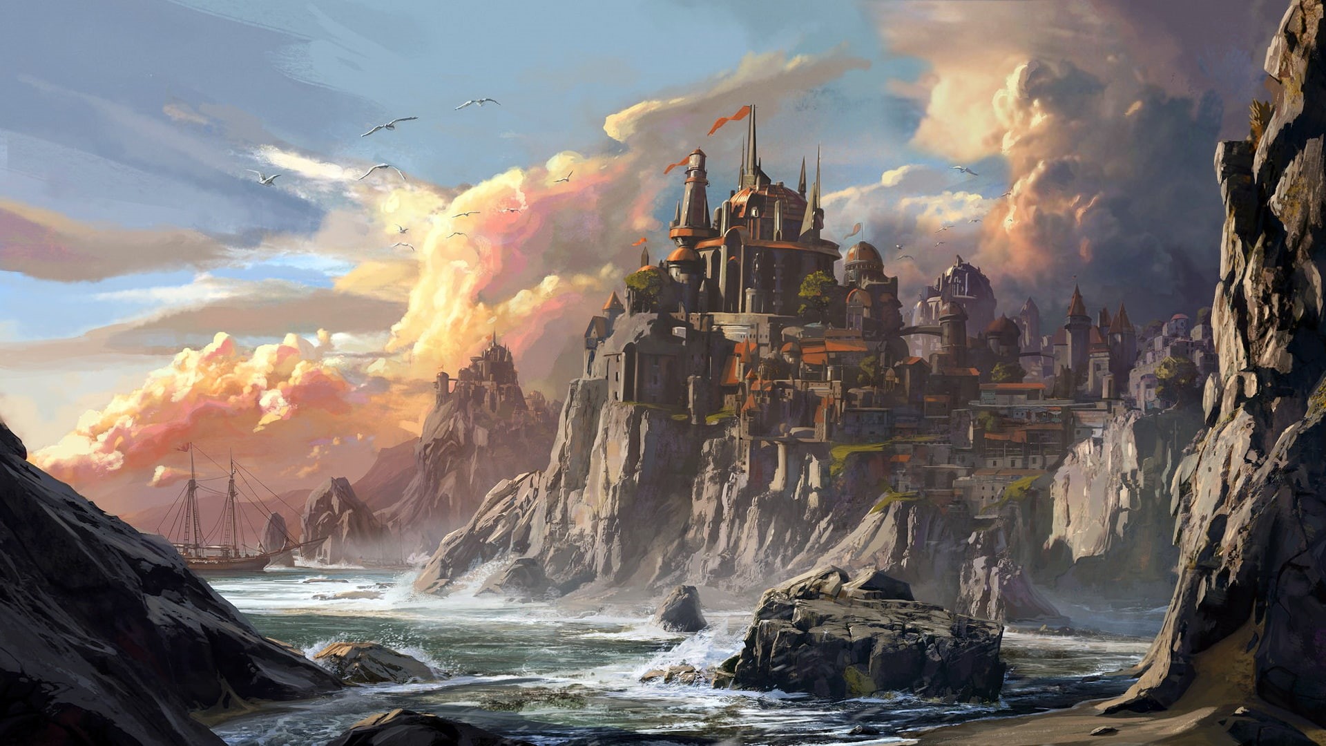 Jedd Chevrier, shore, ship, Wizards of the Coast, Neverwinter Harbor, castle, 1080P, HD Wallpaper