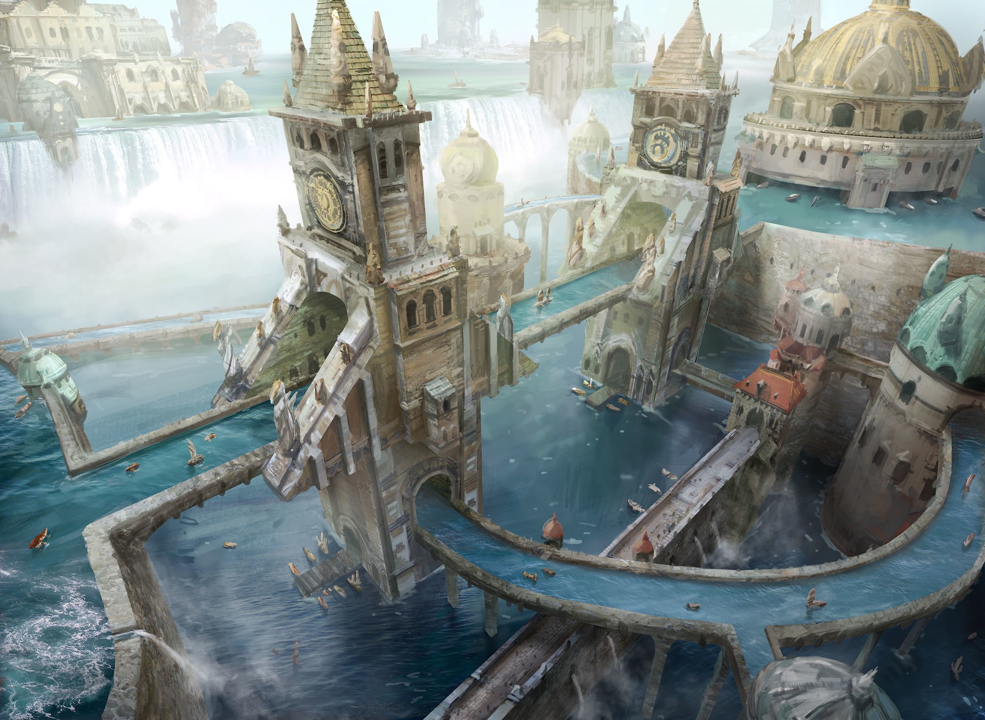 river, 1080P, The city, people, Magic the Gathering - Wizards of the Coast, waterfall, tower, boats, HD Wallpaper
