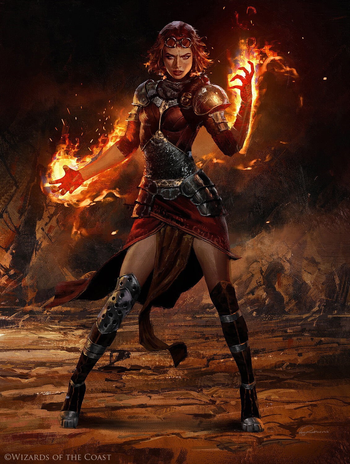 fantasy girl, fire, women, fantasy art, standing, 720P, Wizards of the Coast, redhead, magic, Phone HD Wallpaper