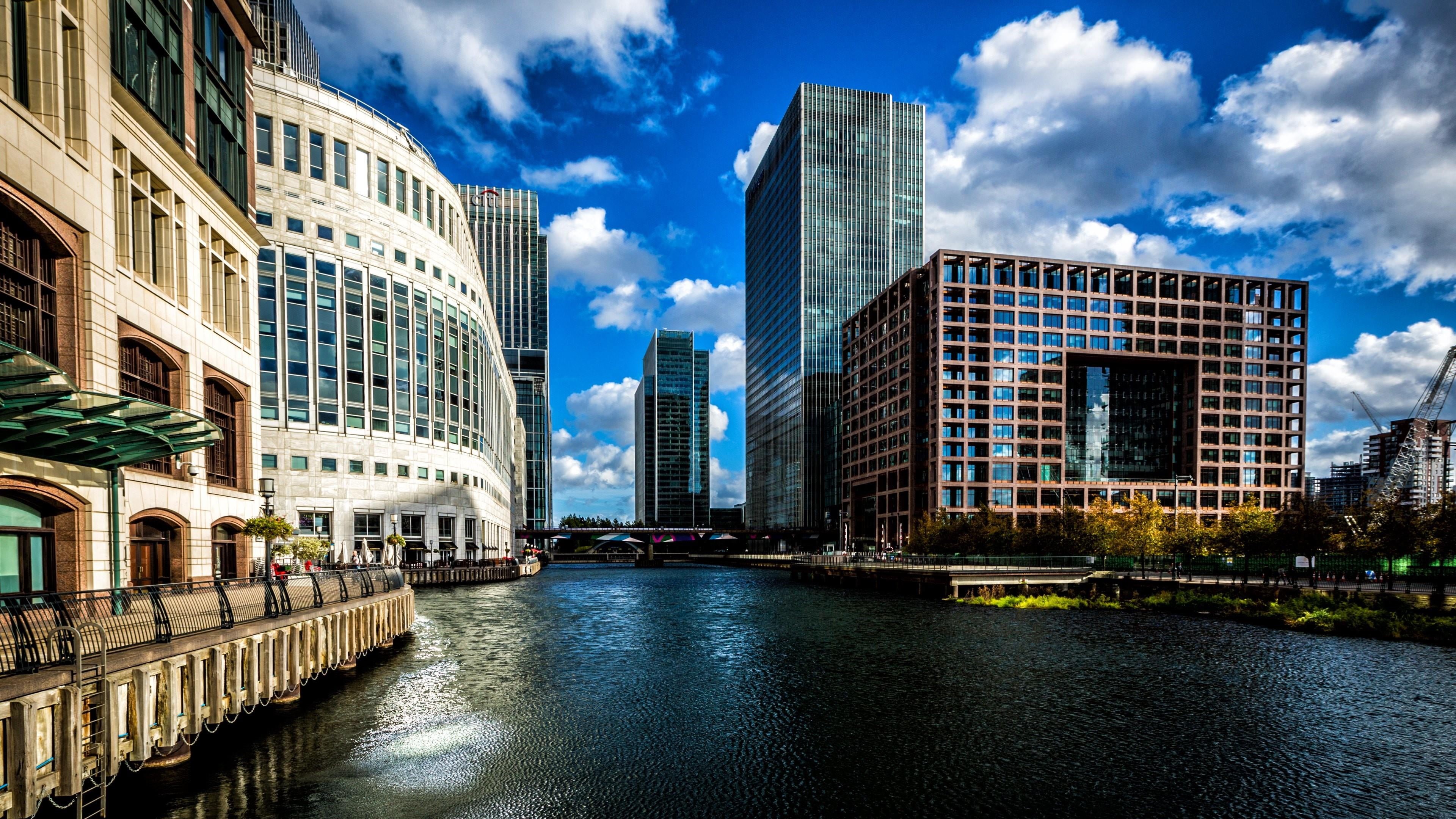 sky, no people, skyscraper, nature, clouds, architecture, building, river, modern, 4K, waterfront, reflection, london, office, office building exterior, HD Wallpaper