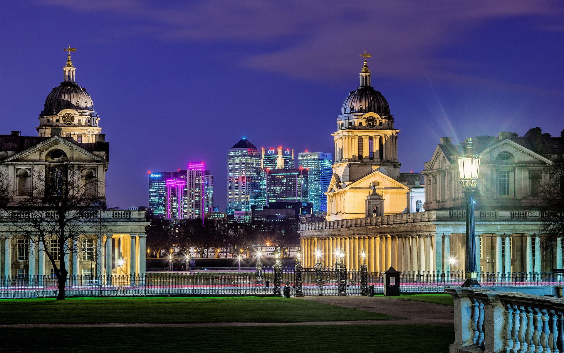 cityscape, places, skyscraper, england, architecture, 1080P, skyline, greenwich, world, lights, observatory, park, buildings, royal, cities, lamp, night, HD Wallpaper
