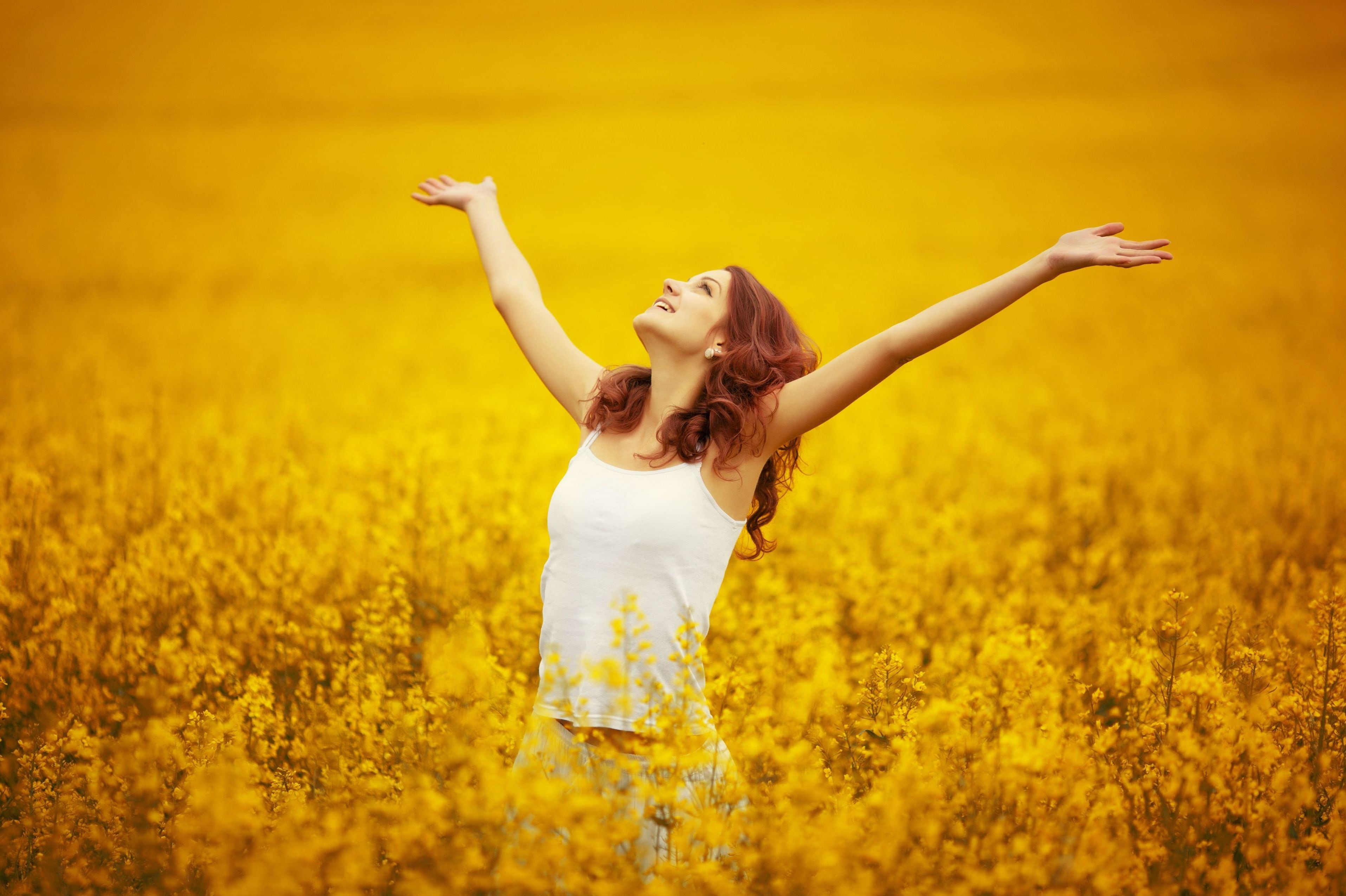 flower, widescreen, young Adult, sunlight, cute, hair, human limb, yellow, smile, smiling, plants, sun, 2K, rural Scene, arms Raised, flowers, summer, HD Wallpaper