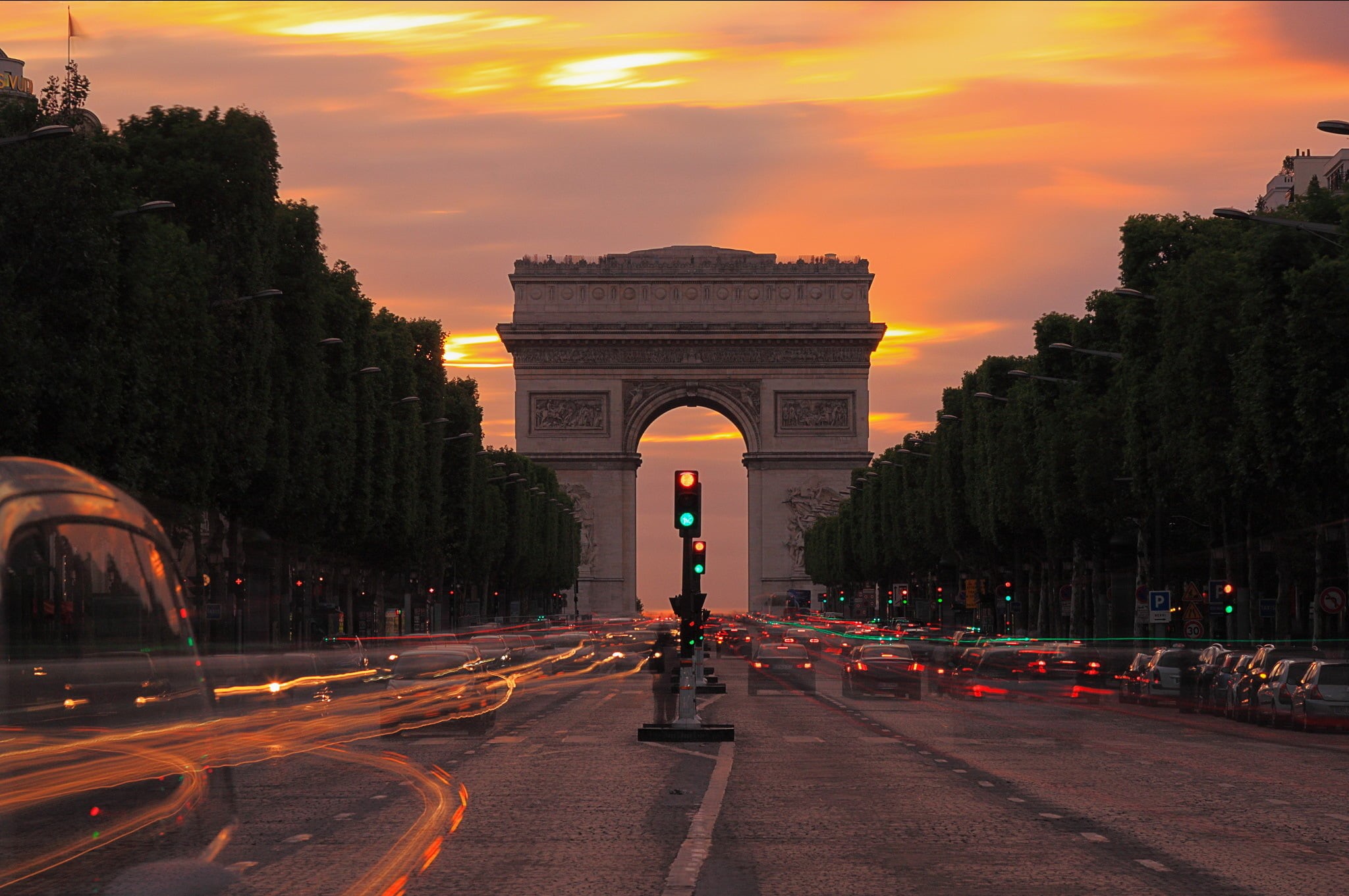 gray, Champs Elysees, cultures, tourist, transportation, sunset, famous Place, motor vehicle, monument, dusk, cityscape, long Exposure, avenue, 1080P, HD Wallpaper