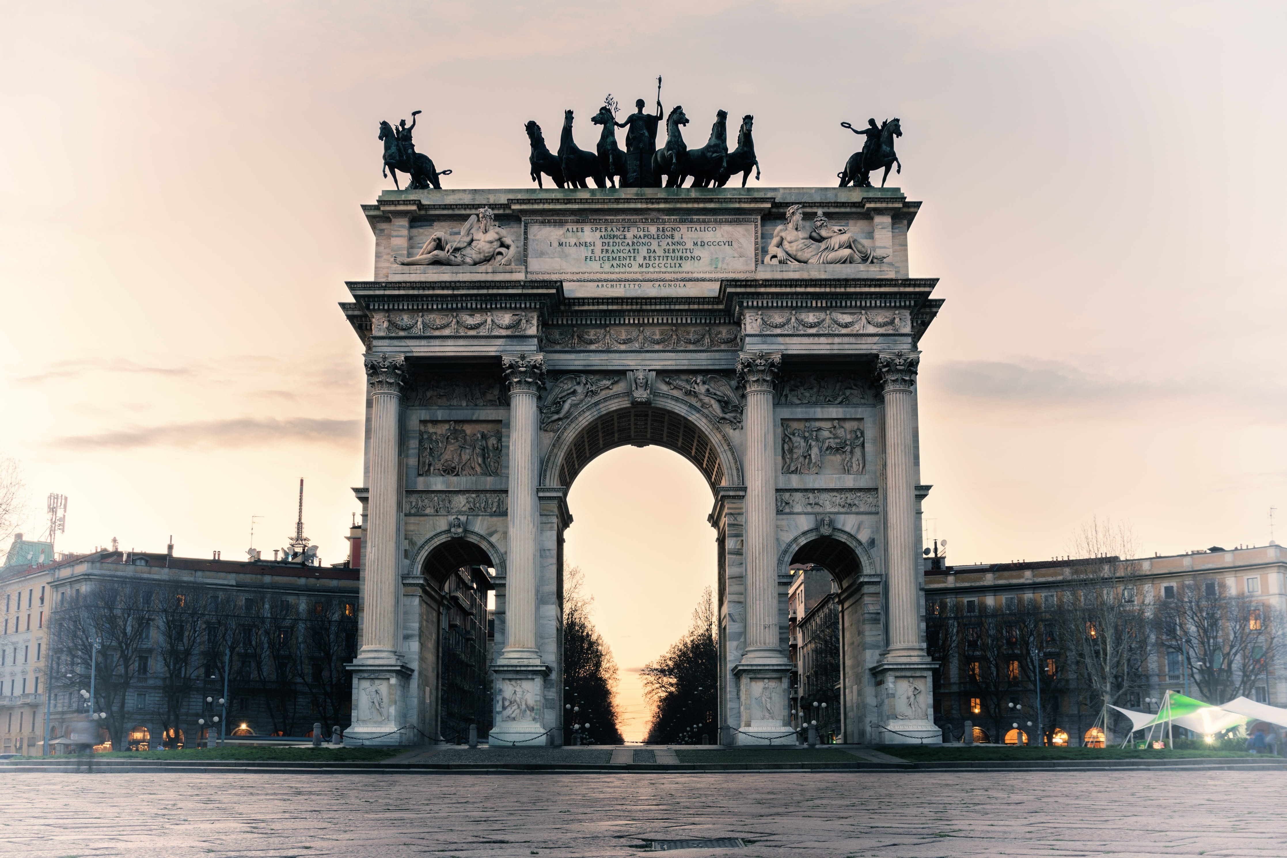 nature, night, travel destinations, building exterior, sky, porta sempione, neo-classical, city gate, triumphal, the past, 4K, italian, sight, statue, HD Wallpaper