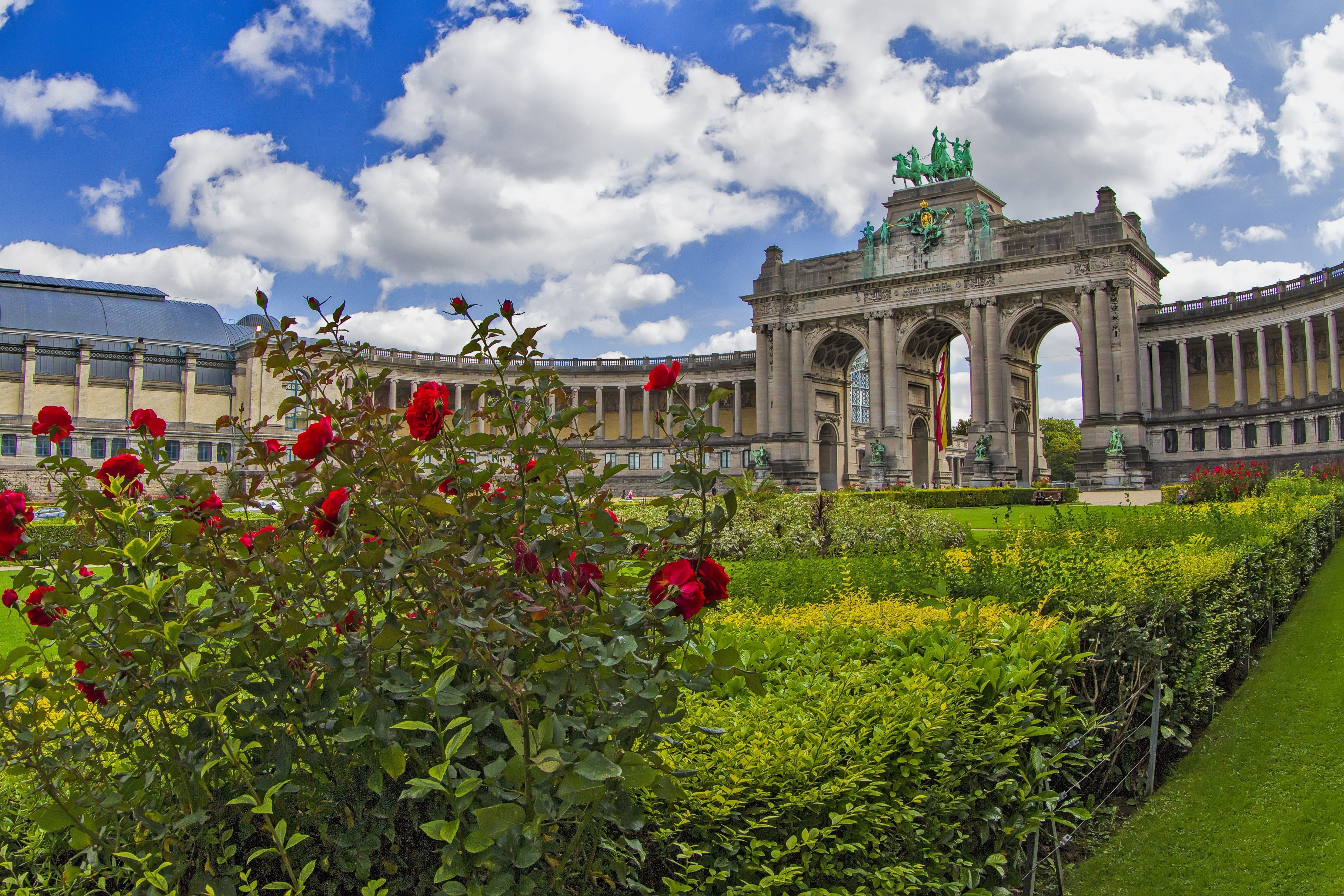 building exterior, statue, roses, travel, flower, incidental people, sky, the past, clouds, park, day, outdoors, nature, built structure, growth, belgium, HD Wallpaper