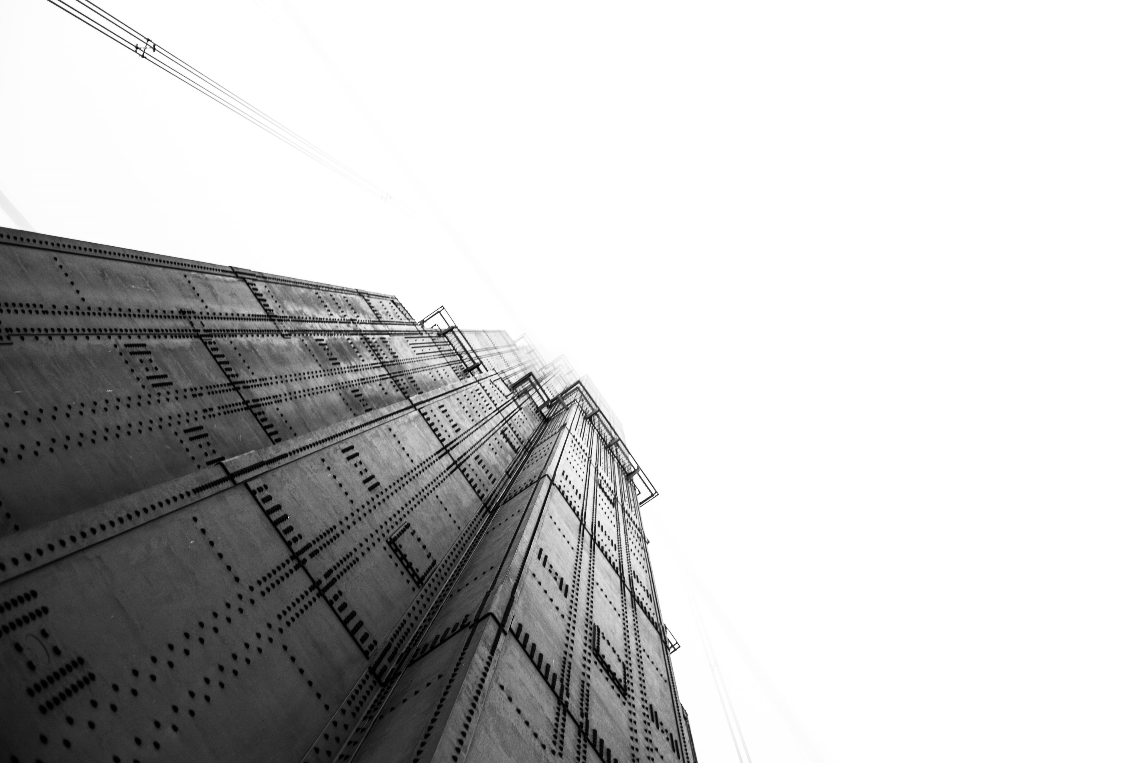 building, building Exterior, bw, built Structure, construction Industry, white, clear sky, Pillar, office Building, black And White, low angle view, 4K, HD Wallpaper