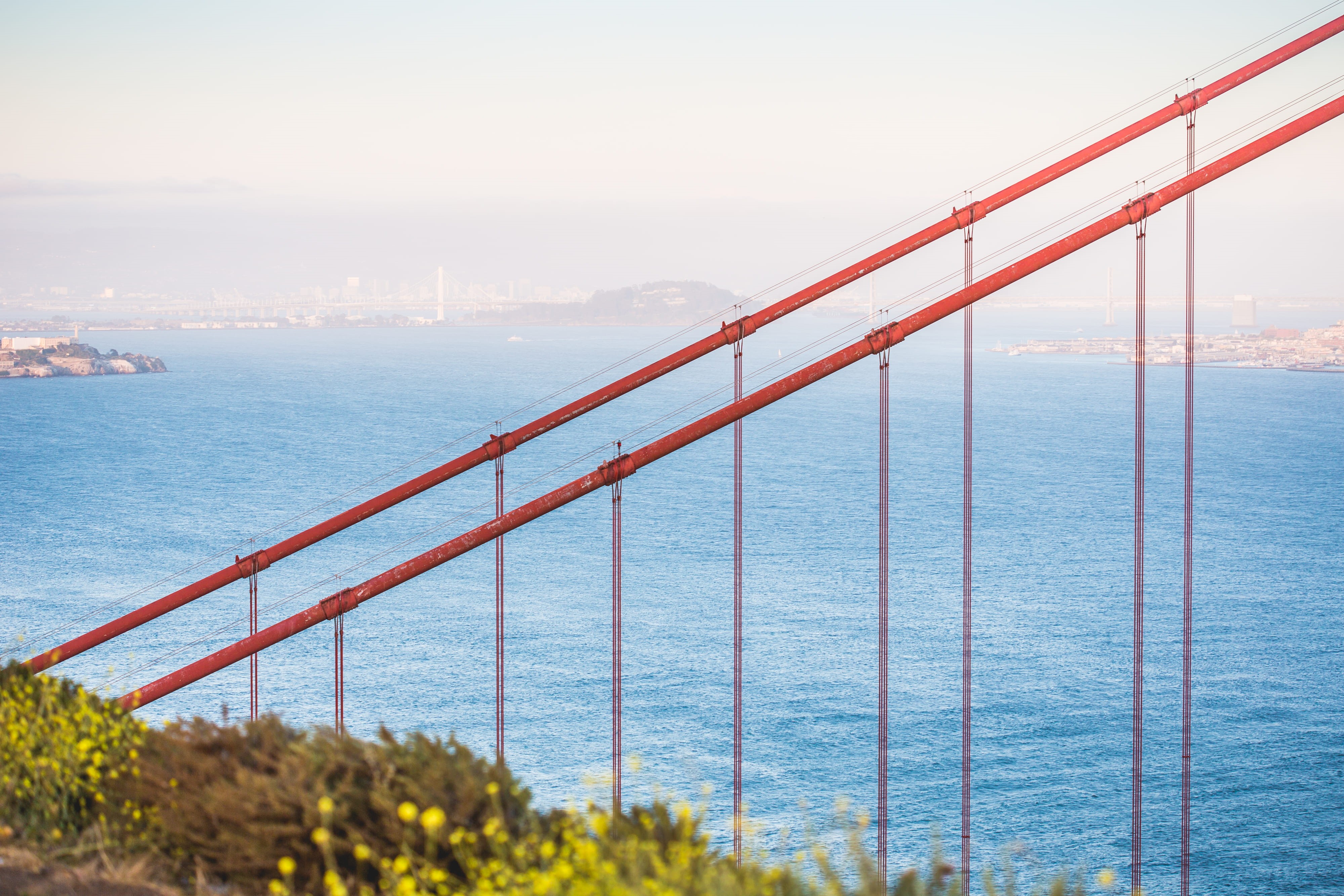 suspension cables, san francisco, city, beauty in nature, bay, bridge, 4K, tranquility, Suspension, Golden Gate Bridge, transportation, red, san Francisco County, HD Wallpaper