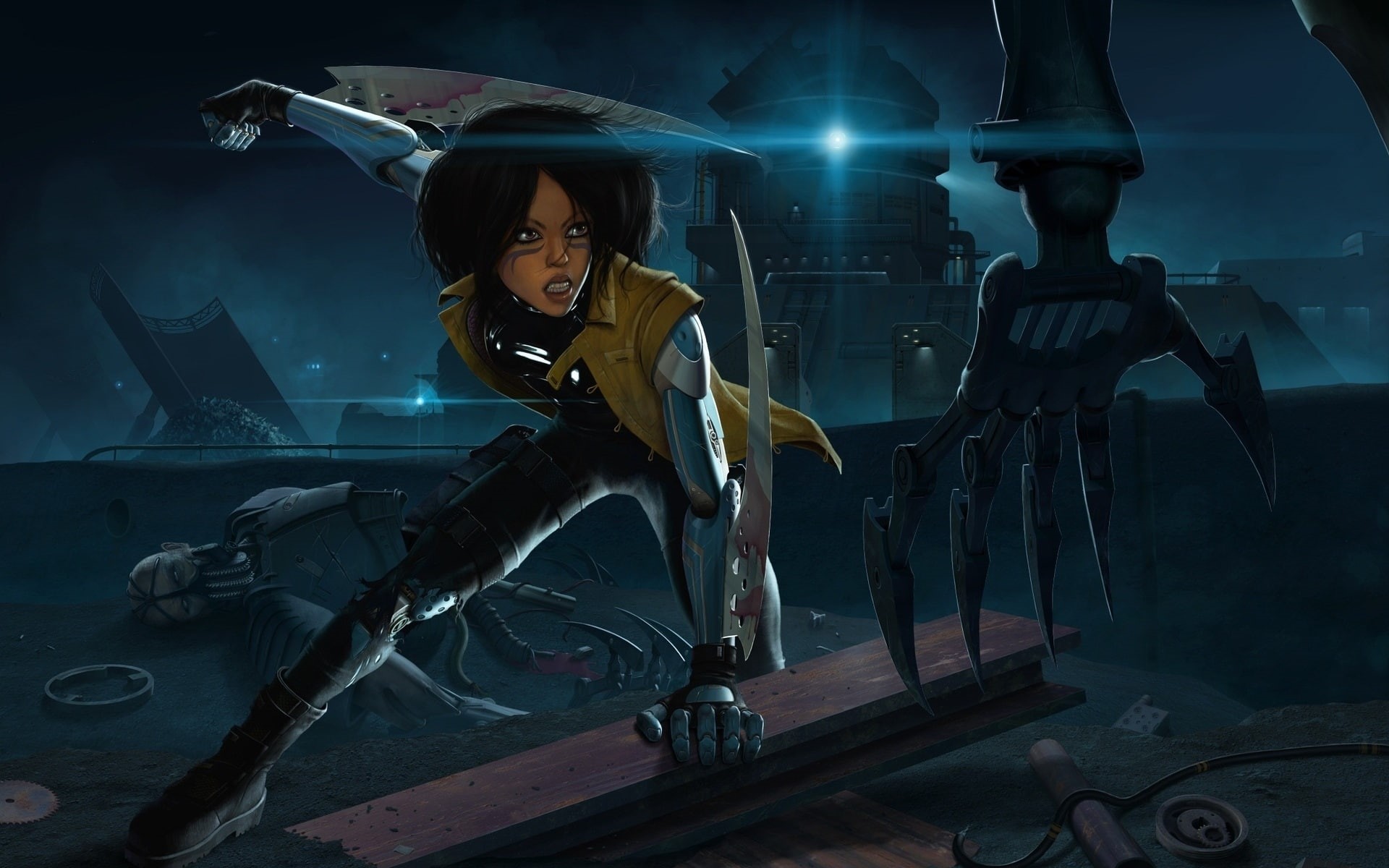 battle, angel, dark, manga, alita, 1080P, sf, night, fight, robots, HD Wallpaper