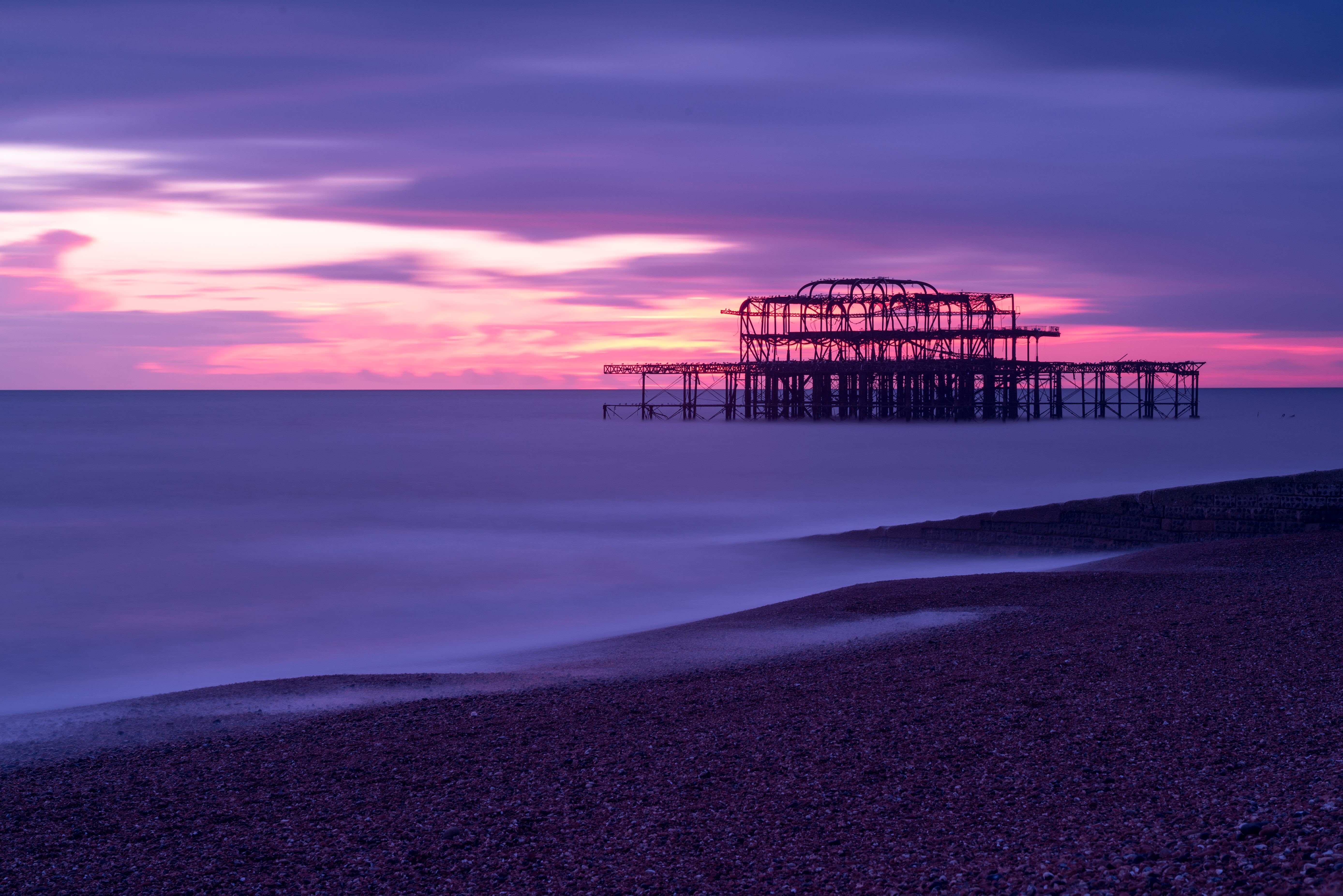silhouette, skeleton, decay, United Kingdom, derelict, pier, sun, ocean, sunset, lighting, clouds, cloud, landmark, britain, architecture, light, europe, HD Wallpaper