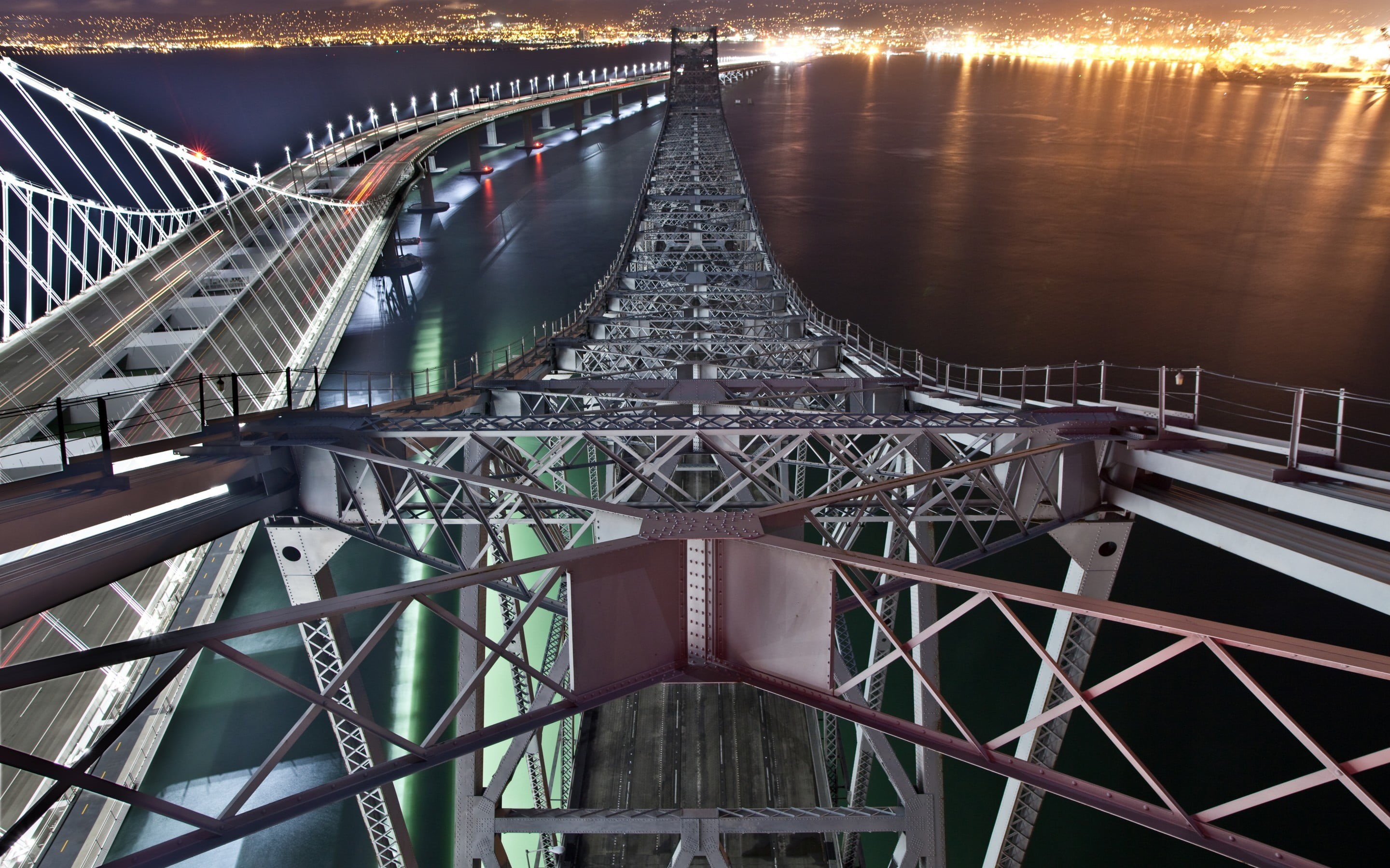 river, frame, long exposure, lights, nature, illuminated, building exterior, construction, truss, water, grey, travel destinations, no people, 2K, architecture, HD Wallpaper