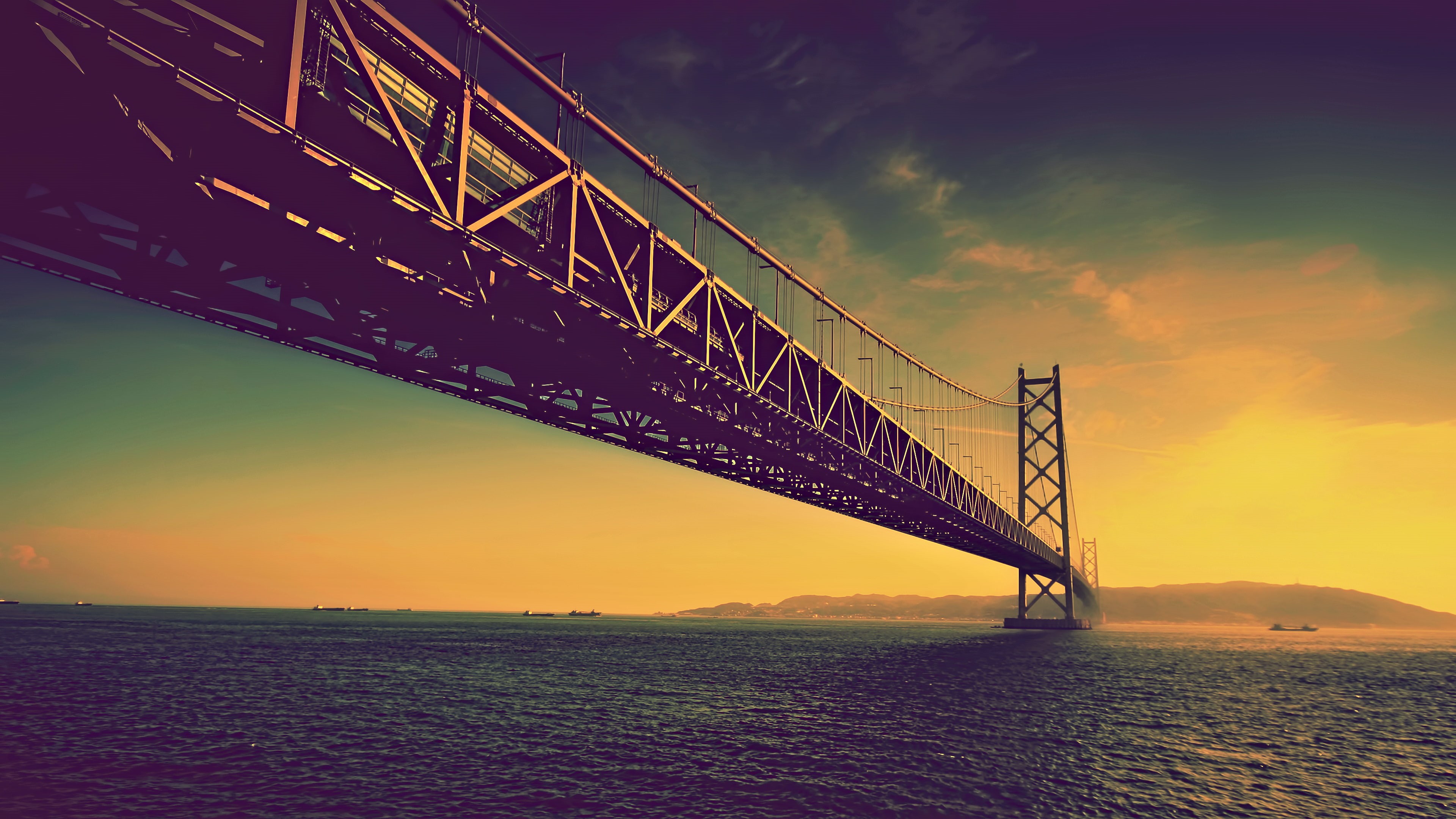 sky, built structure, architecture, engineering, steel, low angle view, sea, waterfront, water, cloud - sky, bridge, nature, scenics - nature, 4K, brown, HD Wallpaper