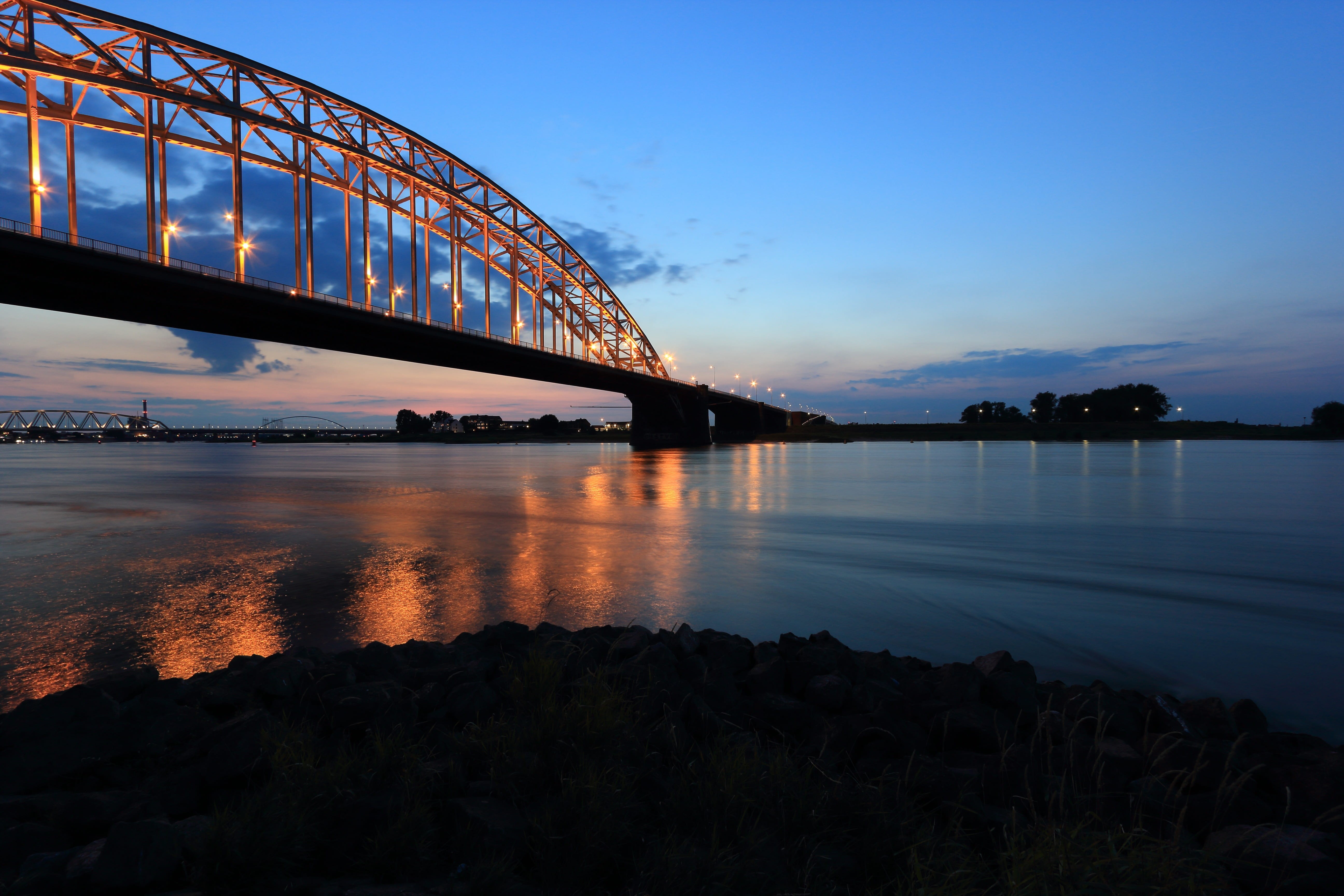 sky, no people, construction, traffic bridge, illuminated, built structure, dusk, waalbrug, water, riveted, reflection, nature, architecture, outdoors, HD Wallpaper