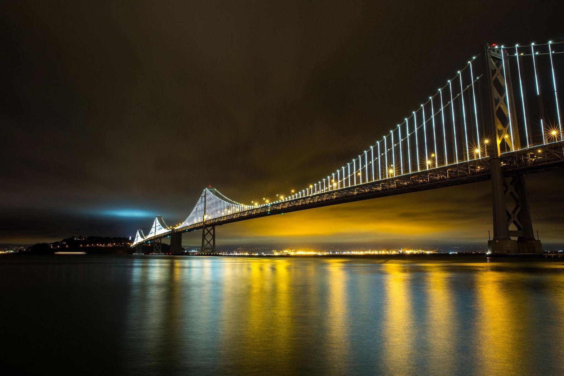 bridge, steel, travel destinations, reflection, city, architecture, lights, suspension bridge, transportation, landscape, river, photography, 1080P, connection, HD Wallpaper
