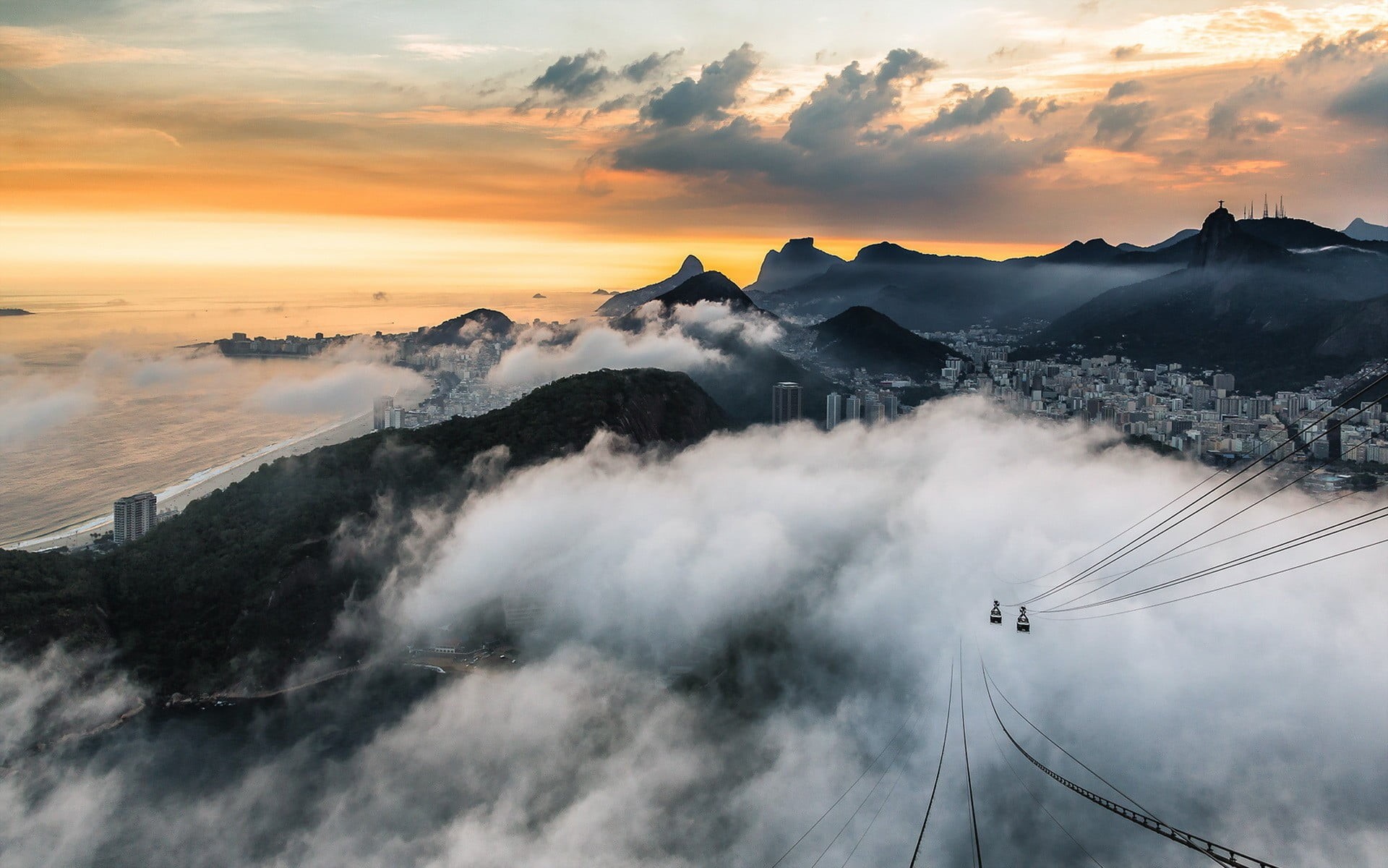 orange color, landscape, winter, dusk, Rio de Janeiro, mountain, scenics - nature, clouds, cable, tranquility, beauty In Nature, european Alps, environment, HD Wallpaper
