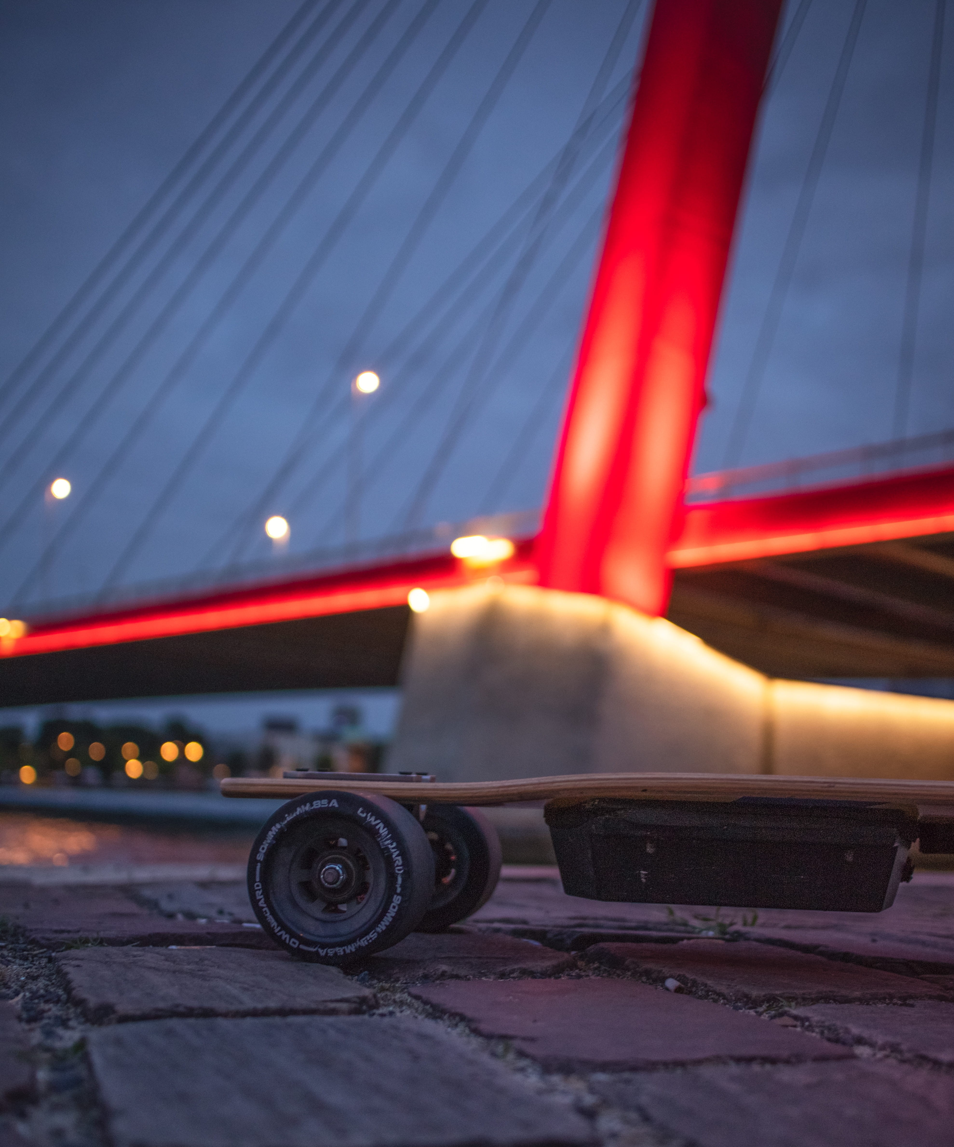 netherlands, red, suspension bridge, bridge, wheel, technology, no people, city shot, 4K, air vehicle, bridge cable, electric longboard, industry, light, Phone HD Wallpaper