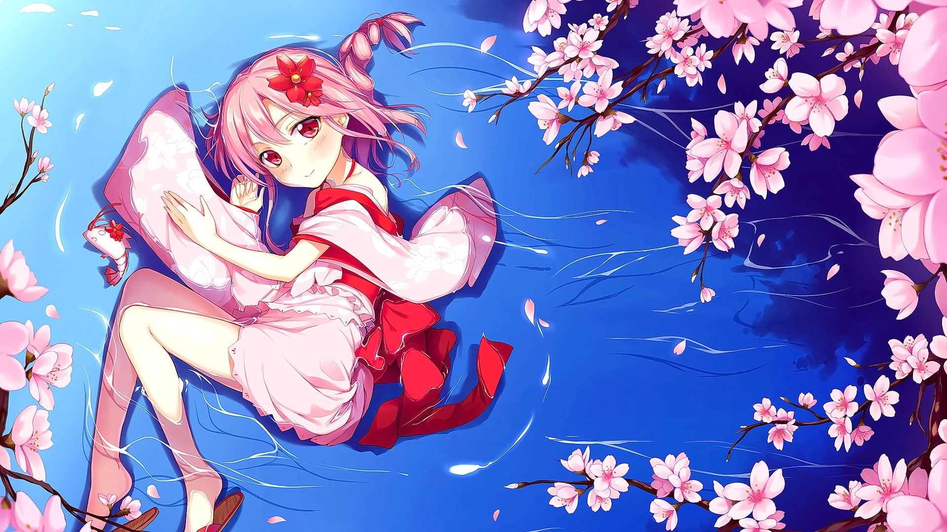 creativity, beauty in nature, outdoors, low angle view, festival, long hair, sky, day, cherry blossom, 1080P, blue, anime, flower, water, hair ornament, HD Wallpaper