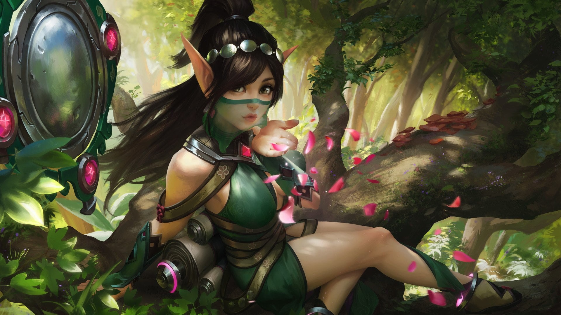 1080P, forest, the game, scrolls, petals, Paladins Strike Ying, elf, art, Flirty, HD Wallpaper