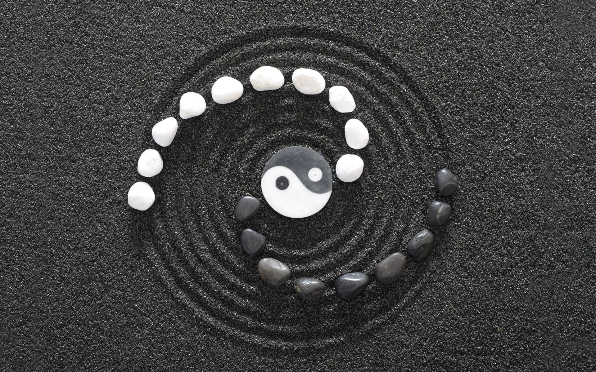 pebble, land, directly above, indoors, shape, close-up, 1080P, textured, no people, creativity, table, Black and White, still life, design, Yin and Yang, HD Wallpaper