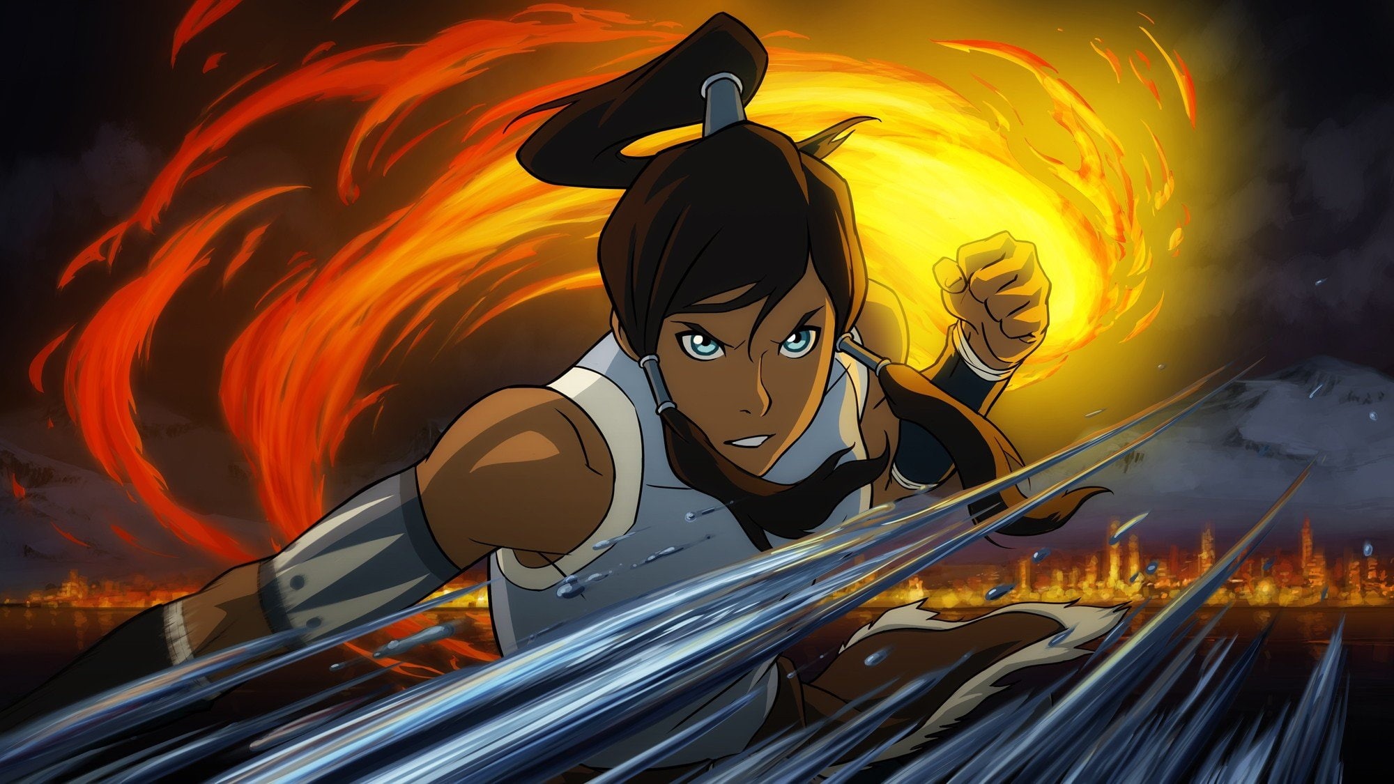 water, 1080P, fire, legend, fighting, korra, women, brunettes, avatar, HD Wallpaper