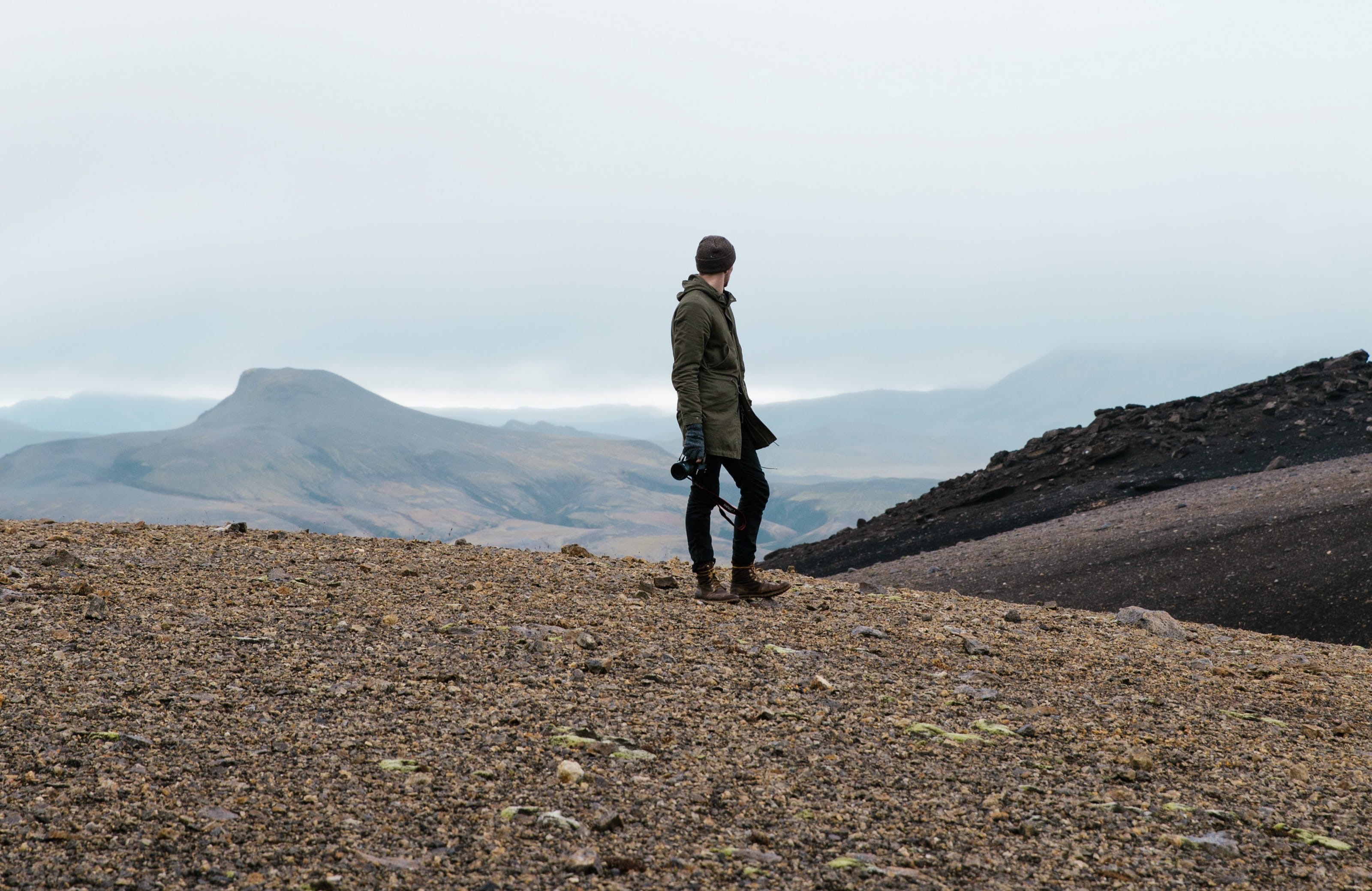 carrying, hiking, camera, volcanic, scenic, cap, trip, field, extreme, outdoor, travelers, tranquil scene, non-urban scene, nature, leisure, tourism, crater, HD Wallpaper