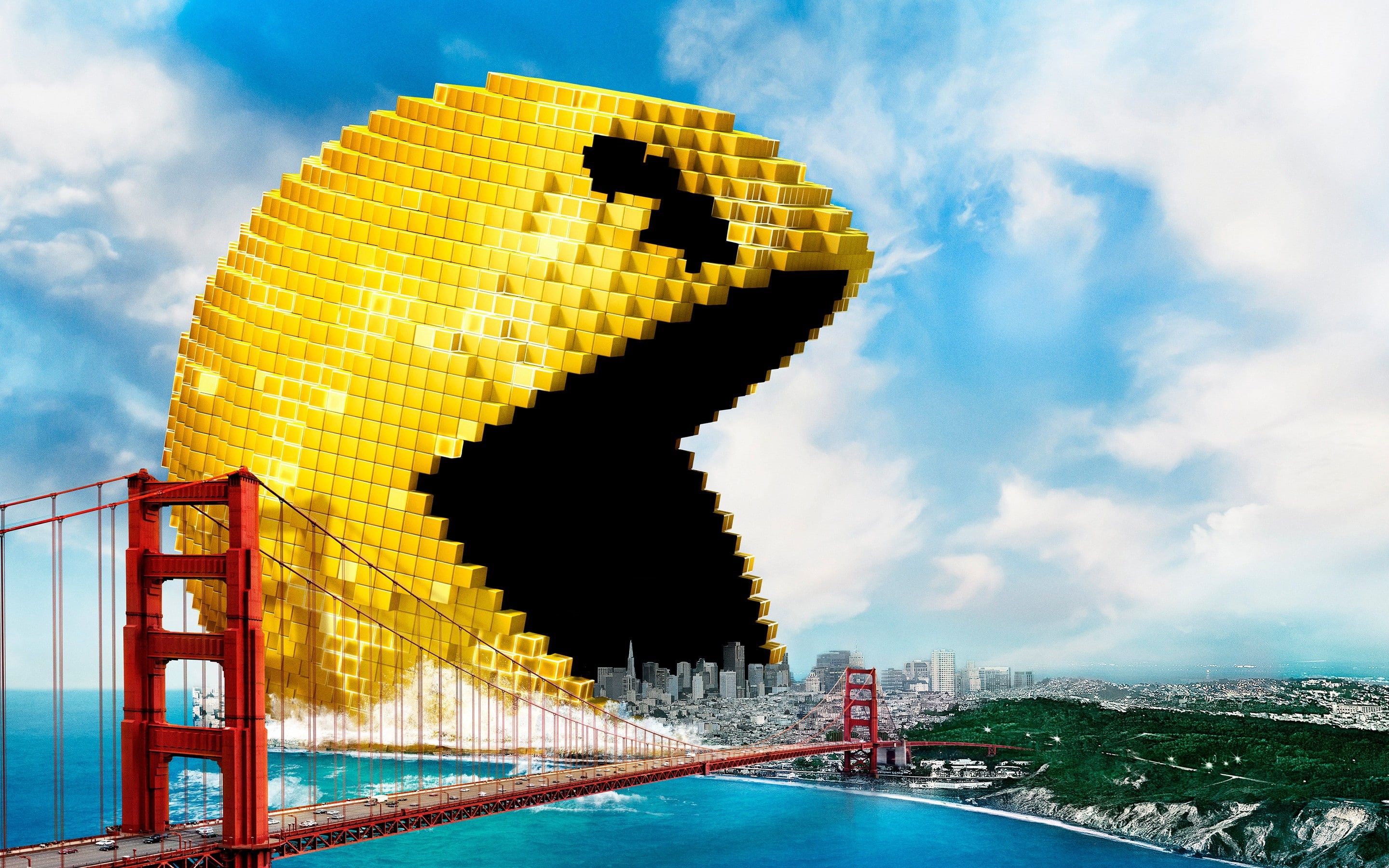 cliff, San Francisco, USA, sea, movies, video games, building, Golden Gate Bridge, city, waves, eating, trees, landscape, Pacman, bridge, nature, skyscraper, HD Wallpaper