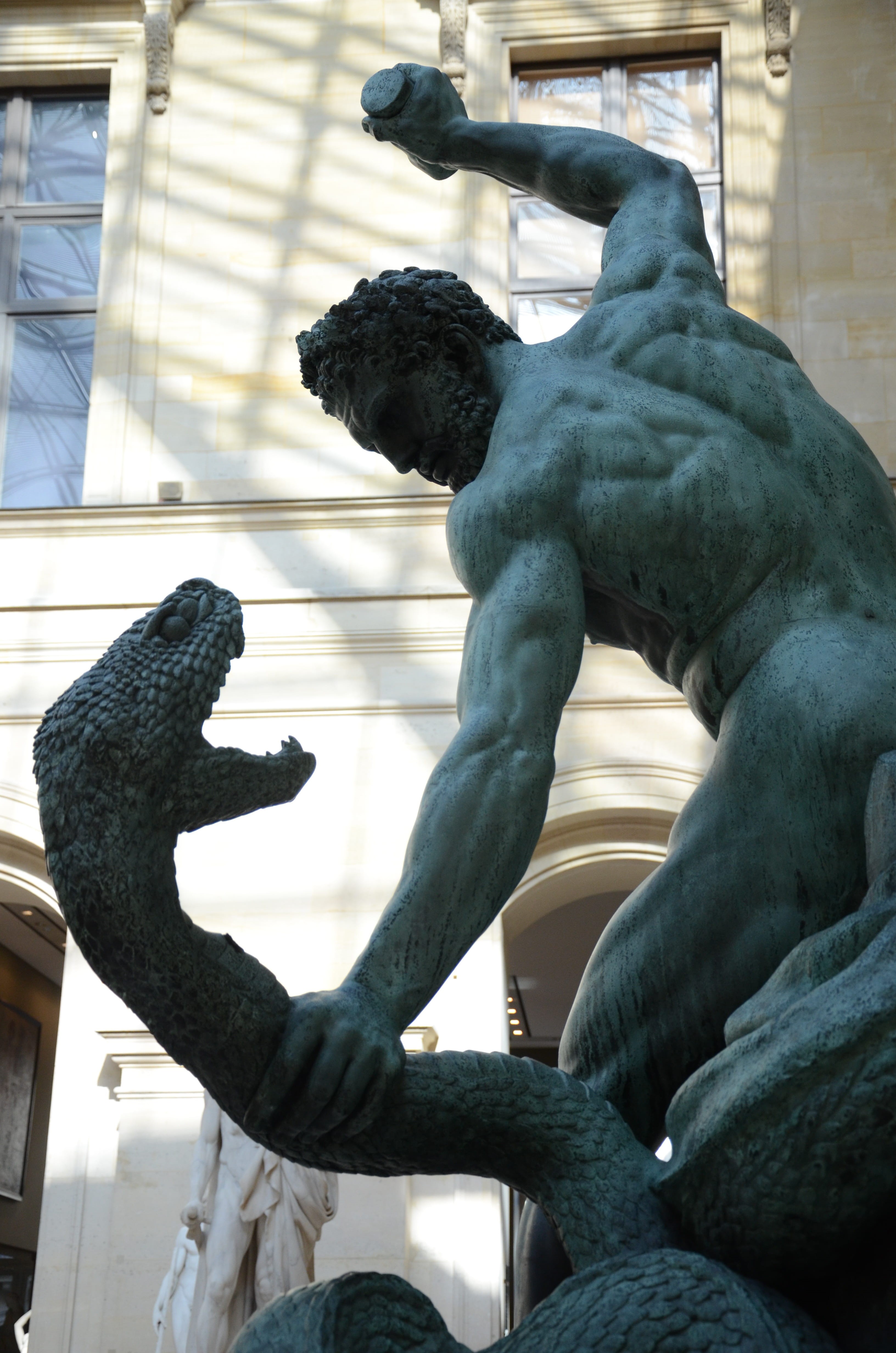 Snake, no people, mammal, greek god, indoors, day, sculpture, craft, creativity, focus on foreground, Louvre, Statue, bird, kill the snake, hunting, architecture, Phone HD Wallpaper