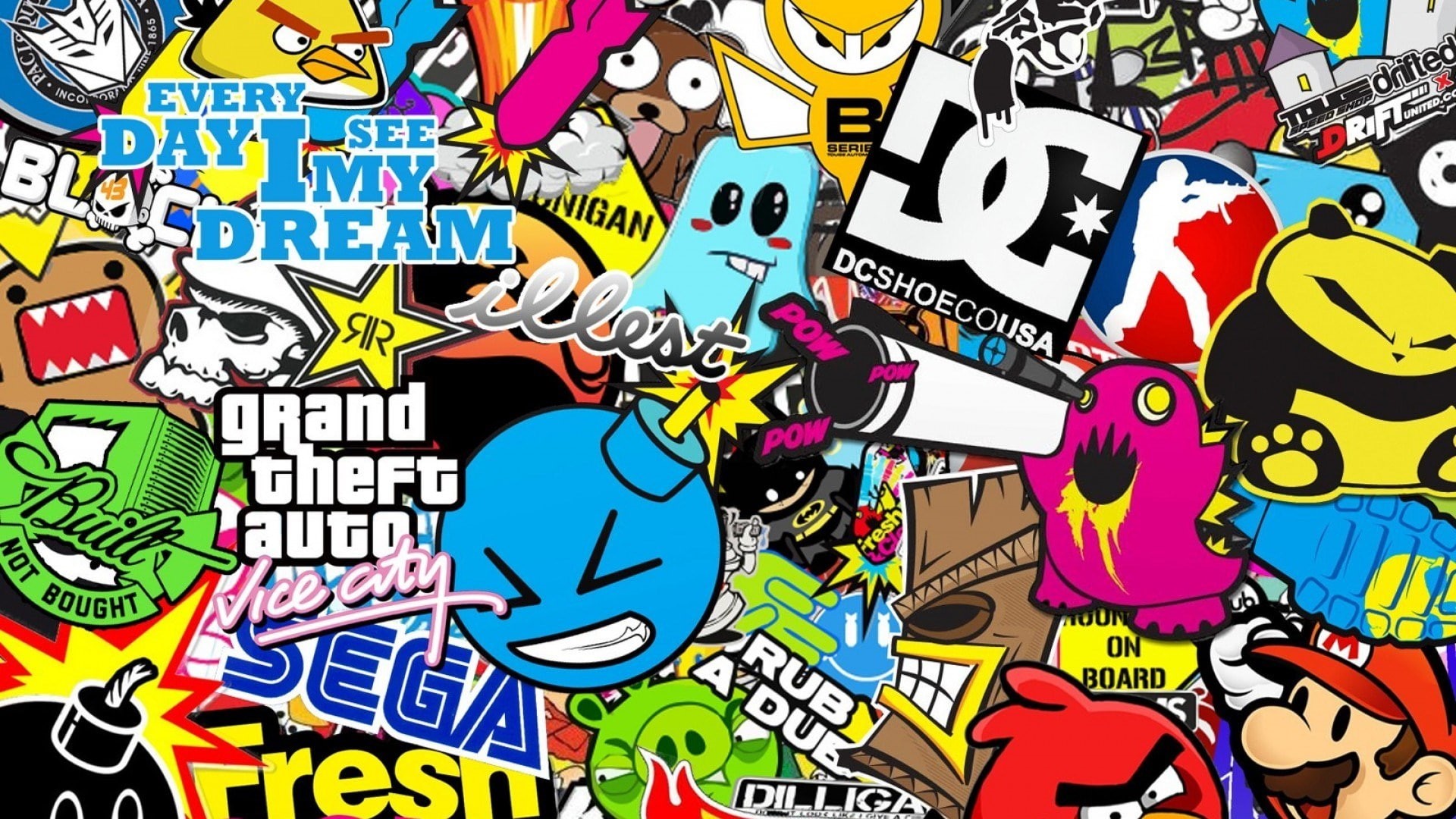 multi colored, full frame, sticker bomb, outdoors, communication, cartoon, music, creativity, adult, musical instrument, 1080P, retro styled, text, arts culture and entertainment, HD Wallpaper