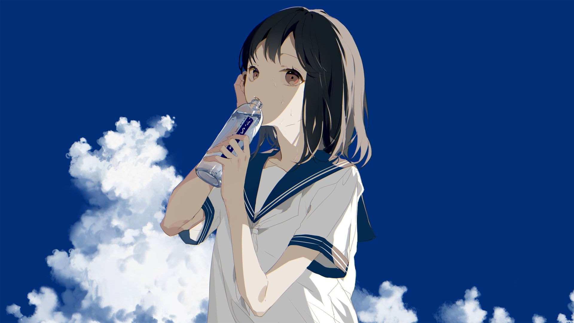 sky, clouds, blue background, blue, anime, brunette, 1080P, minimalism, schoolgirl, anime girls, sailor uniform, drink, manga, short hair, simple background, HD Wallpaper