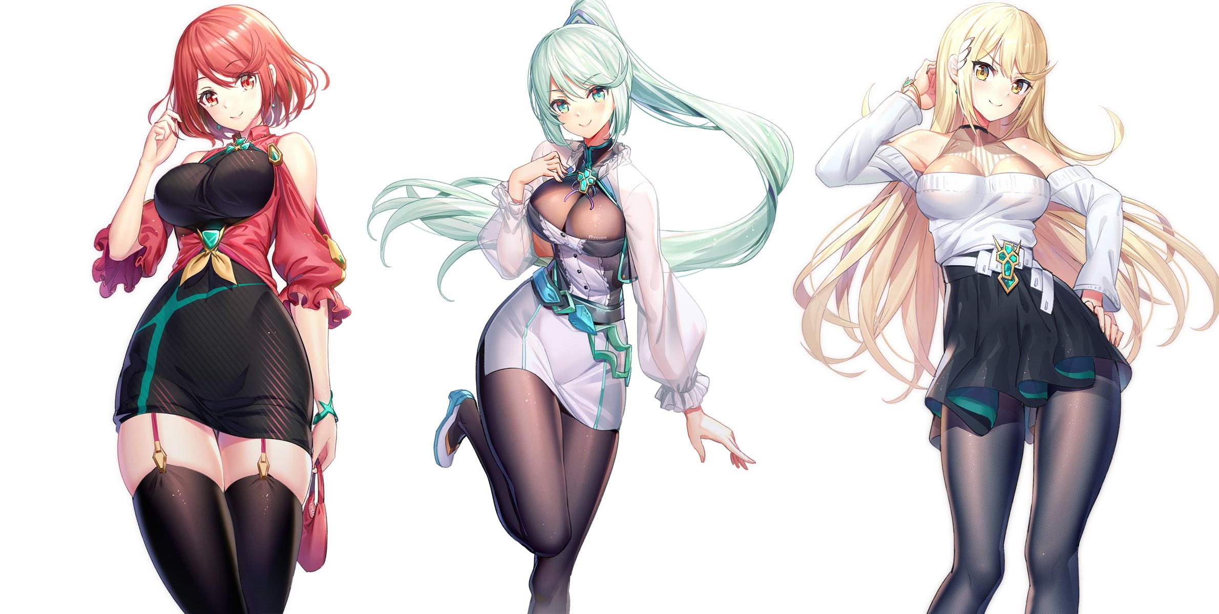 skin-tight, ririko (zhuoyandesailaer), black thigh-highs, garter straps, Mythra (Xenoblade), Homura (Xenoblade 2), 1080P, anime girls, smiling, Xenoblade, HD Wallpaper
