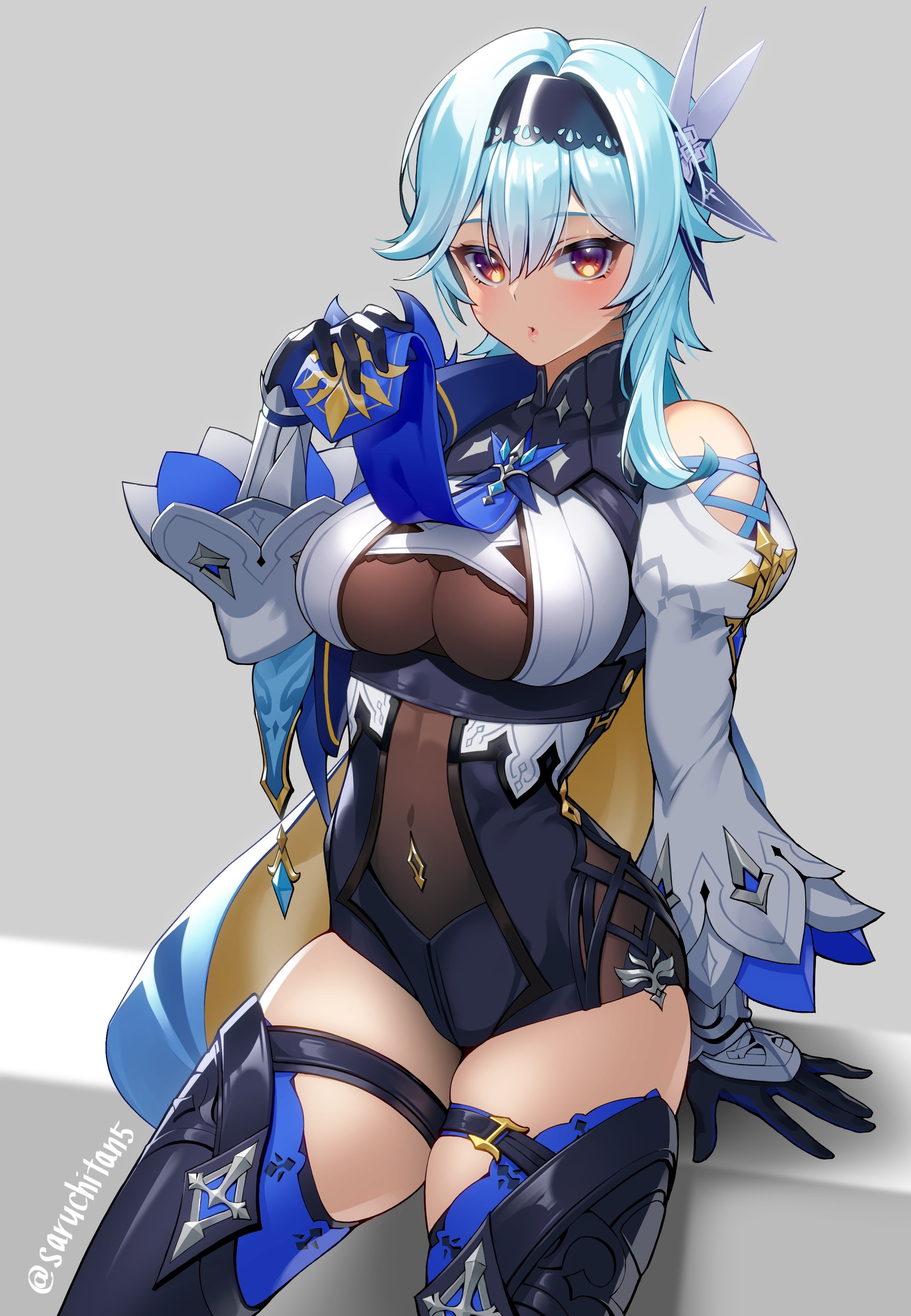 Light armor, blue hair, drawing, thigh-highs, veils, anime, Genshin Impact, digital art, Saruchitan, dress, garter (cloth), 2K, artwork, shirt, Eula(Genshin, Phone HD Wallpaper