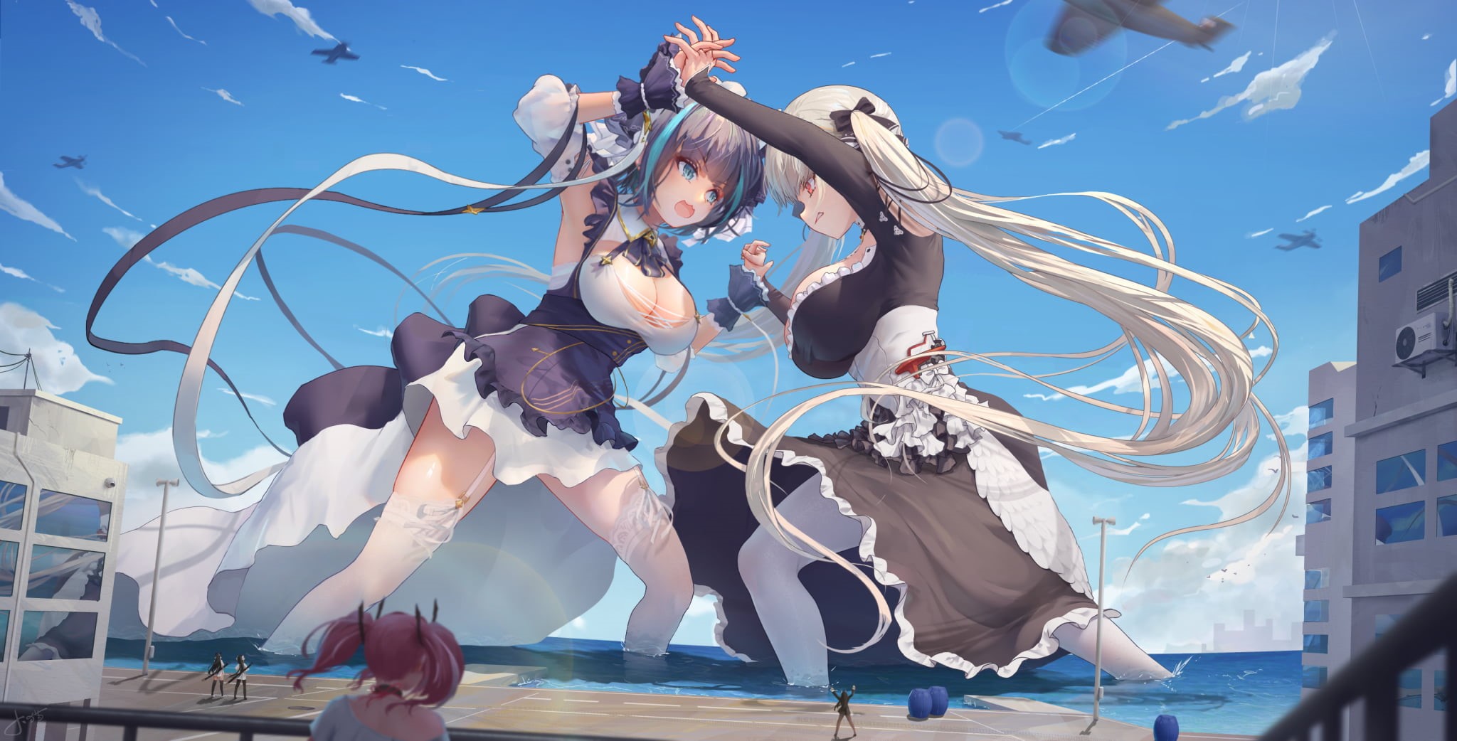 fighting, cleavage, video games, Jay Xu, maid, maid outfit, stockings, Formidable (Azur Lane), anime, video game girls, Azur Lane, kaiju, aircraft, digital art, HD Wallpaper