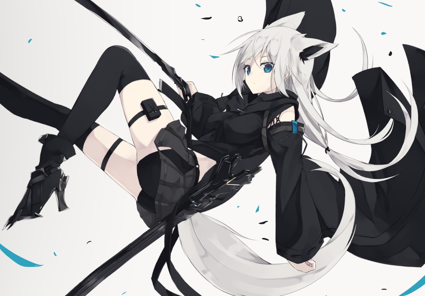 (dstyle), misaki, foxgirl, yuu, weapon, gray, bike, thighhighs, com, original, 720P, hoodie, animal, hair, konachan, eyes, 254710, ears, garter, blue, HD Wallpaper