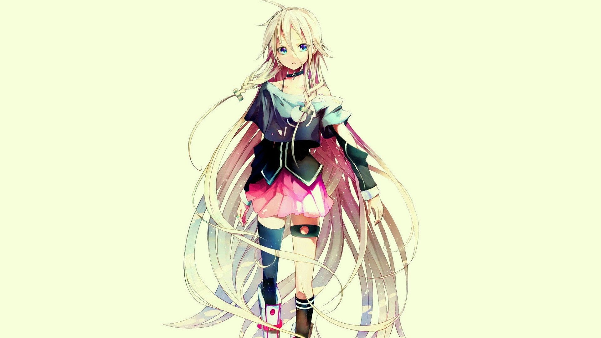 knee, garters, ahoge, eyes, long, braids, sleeves, anime, highs, white, boots, skirts, blue, 1080P, background, mouth, vocaloid, choker, detached, girls, HD Wallpaper