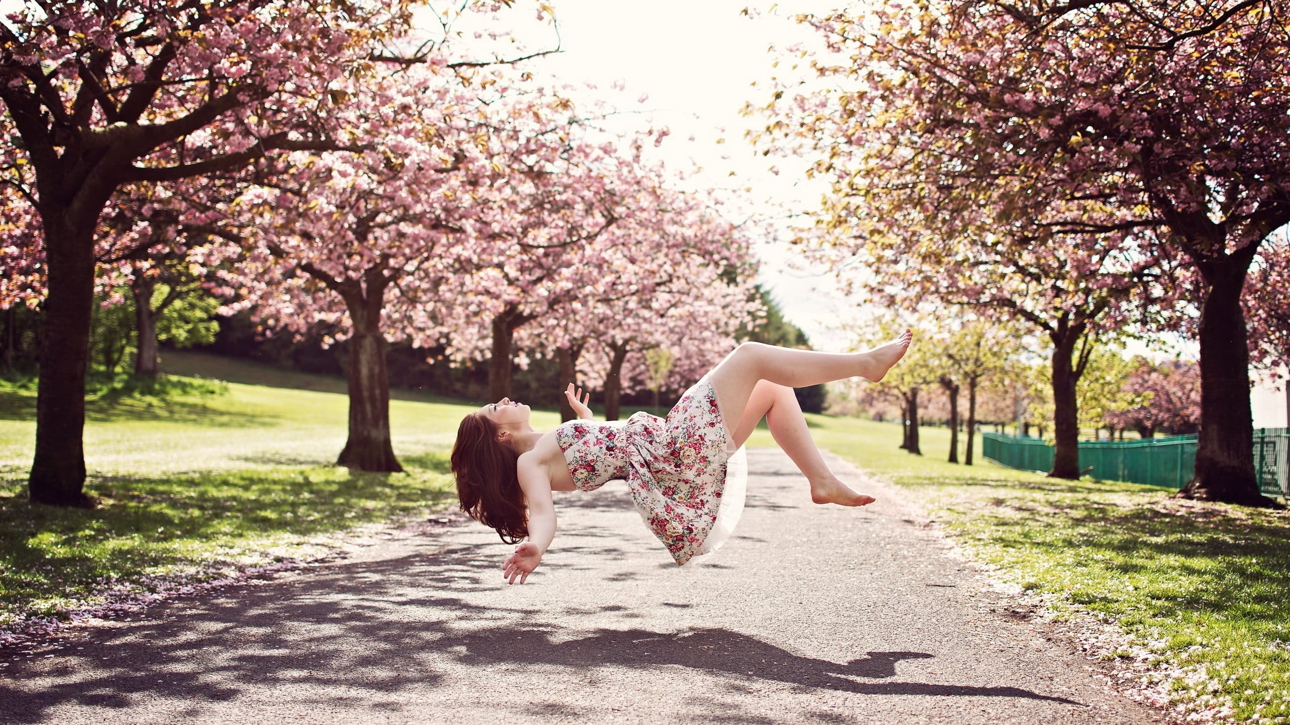 full length, Photoshop, blossom, model, brunette, growth, plant, barefoot, nature, road, pink color, bare shoulders, closed eyes, floral, park, long hair, HD Wallpaper