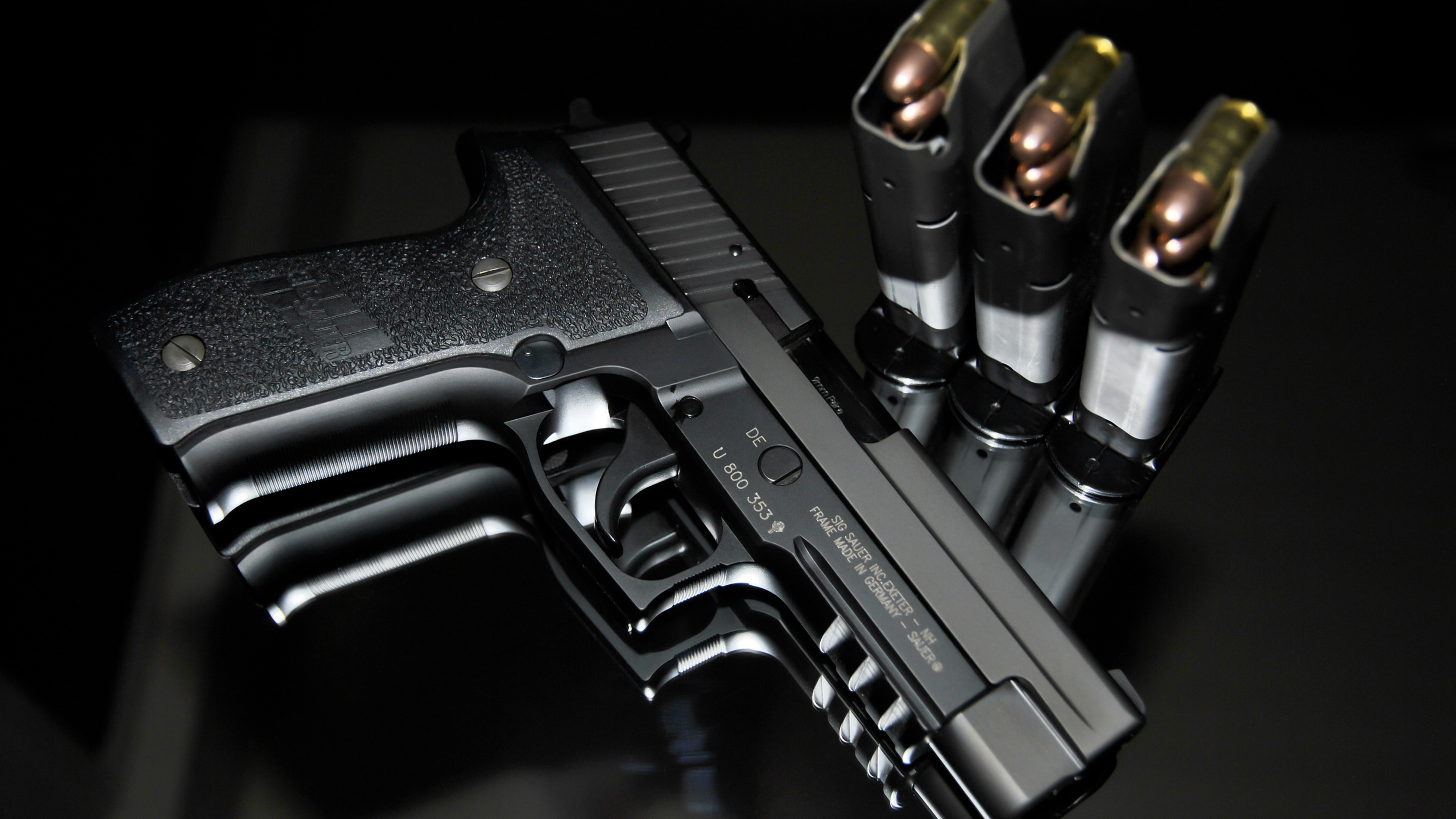 black, bullets, 357 SIG, automatic, beside, Germany, SIG Sauer P226, semi, pistol, 5K, 196 мм, HD Wallpaper