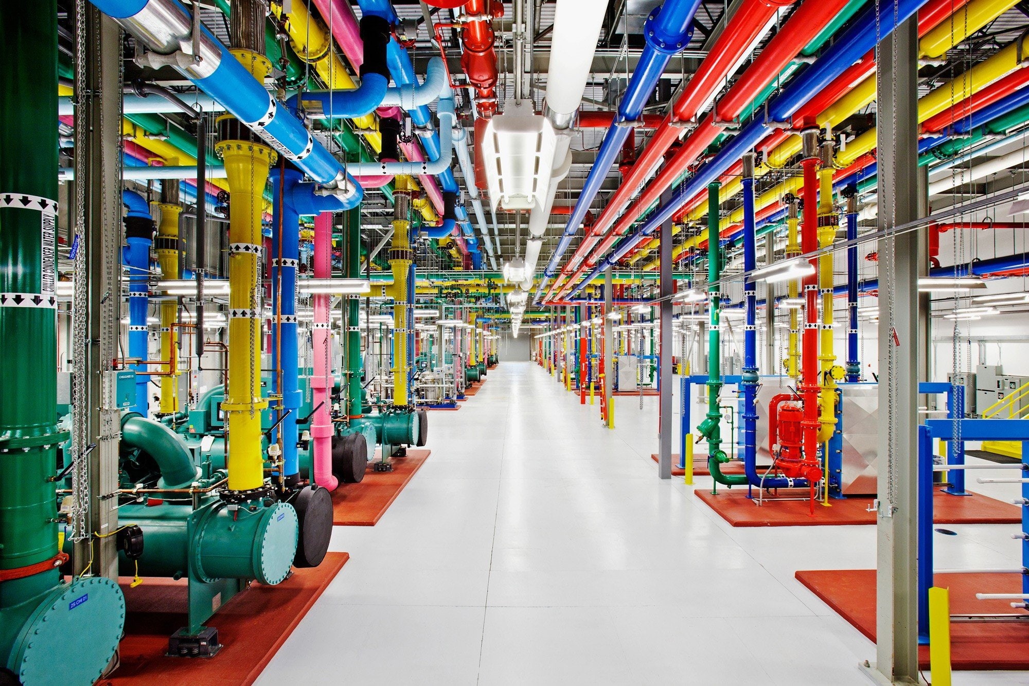 manufacturing equipment, aisle, google data center colorful, no people, equipment, technology, machinery, production line, industry, diminishing perspective, HD Wallpaper