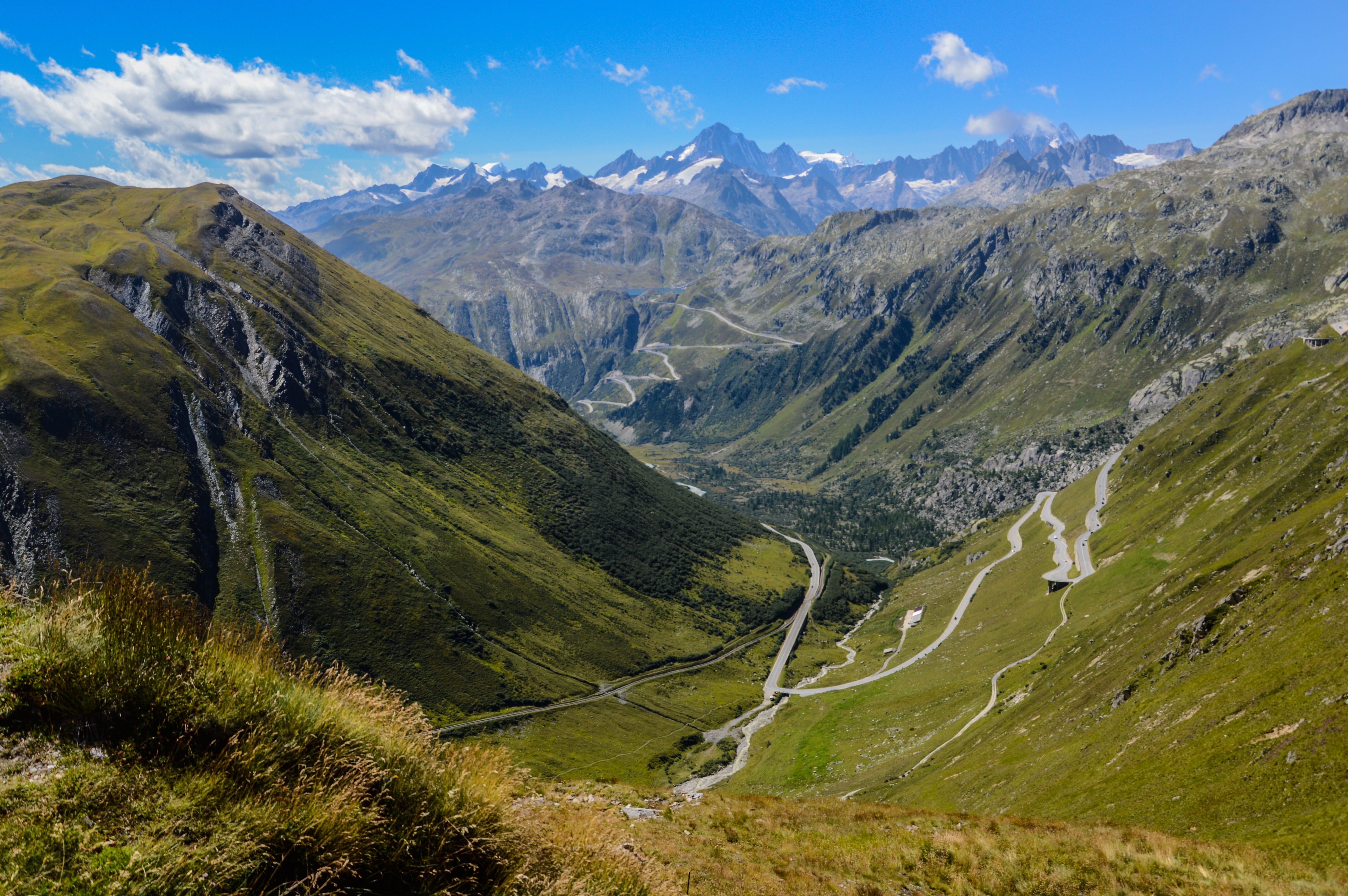 dom, beauty in nature, sky, winding road, serpentine, mountain road, swiss, swiss alps, grass, day, gotthard, pass, 5K, road, adventure, landscape, pass road, HD Wallpaper