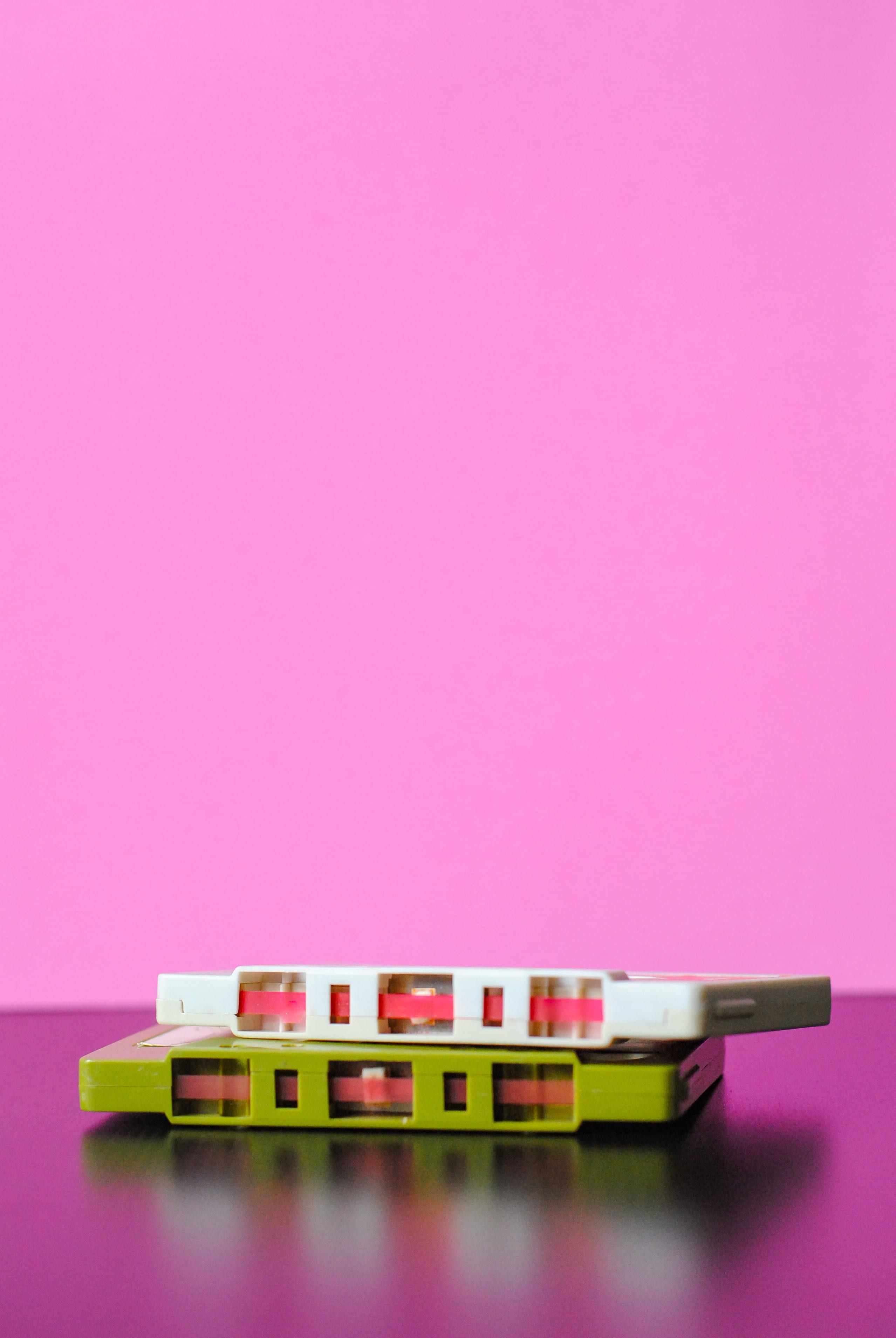 order, pink background, tapes, purple, retro, green, close-up, music, healthcare and medicine, shallow, creative, reflection, pink, 2K, technology, tape, Phone HD Wallpaper