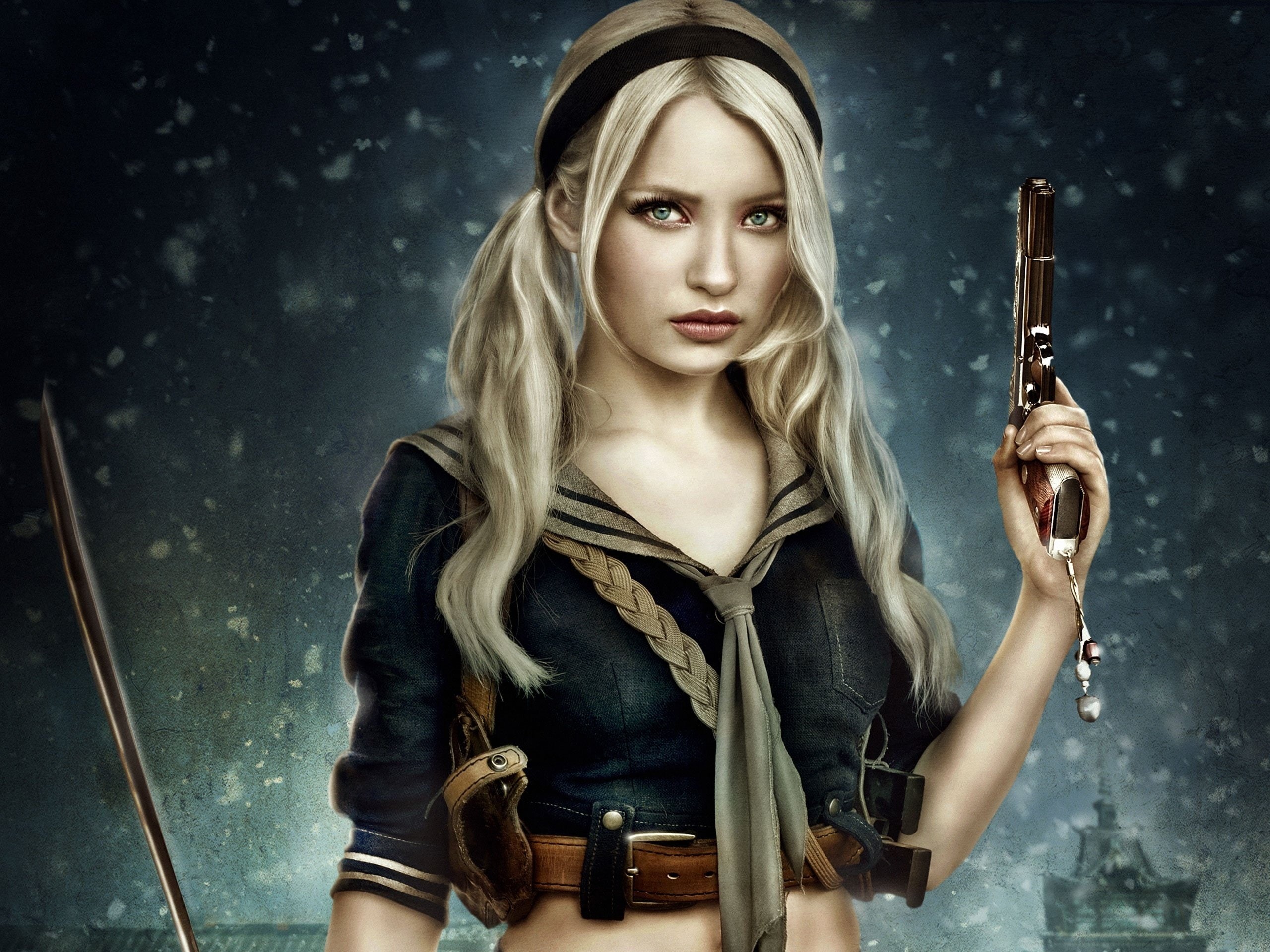 long, sword, hair, blonde, dress, girl, hold, gun, cool, illegal, katana, 2K, HD Wallpaper