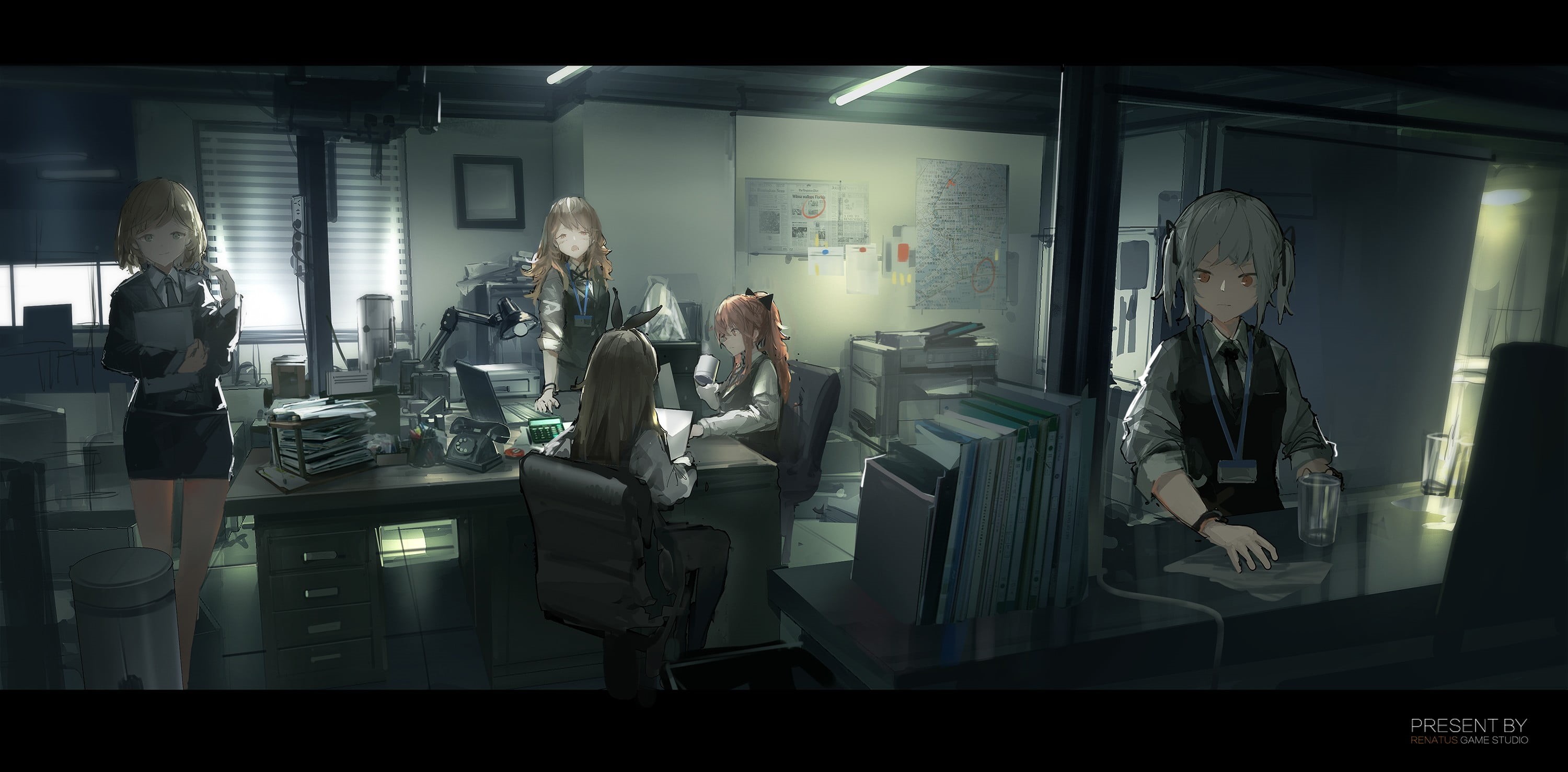teamwork, businesswoman, glass - material, communication, coworker, dark, real people, illuminated, table, short hair, anime girls, corporate business, HD Wallpaper